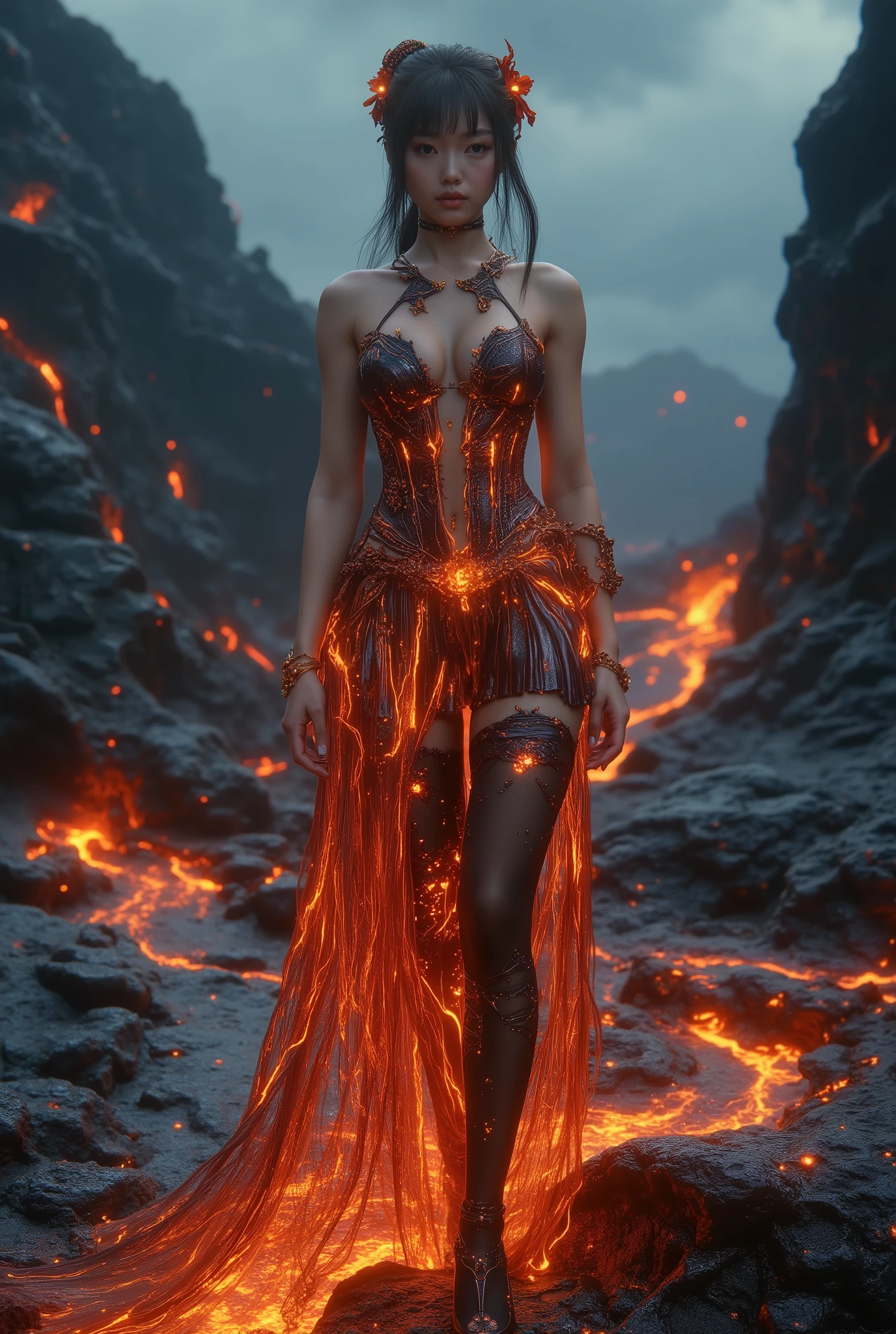 Long shot, 4K, ultra realistic, mystical scene featuring a beautiful 17-year-old Asian girl wearing a strapless corset dress formed from lava with an open cut and a plunging neckline that exudes the essence of a queen from hell. Her strapless dress is like flowing lava with a pleated micro-mini skirt, reflecting the enchanting theme of nature. The fire accents on her outfit give off a warm, shimmering glow. She also wears sexy long stockings and flame-like strappy high heels, exuding an otherworldly elegance. She stands amidst a fantastical volcanic landscape, where molten lava meanders across the rugged terrain under a gloomy, cloudy sky. The combination of fiery red and deep blue accentuates the dramatic feel of the environment, creating a balance between warmth and mysticism. Her jewelry is subtle yet striking, adding a touch of elegance and magic to her look. Elegant flowers in her hair complete her outfit, while her composure evokes a calm and powerful aura amidst the chaotic backdrop.
