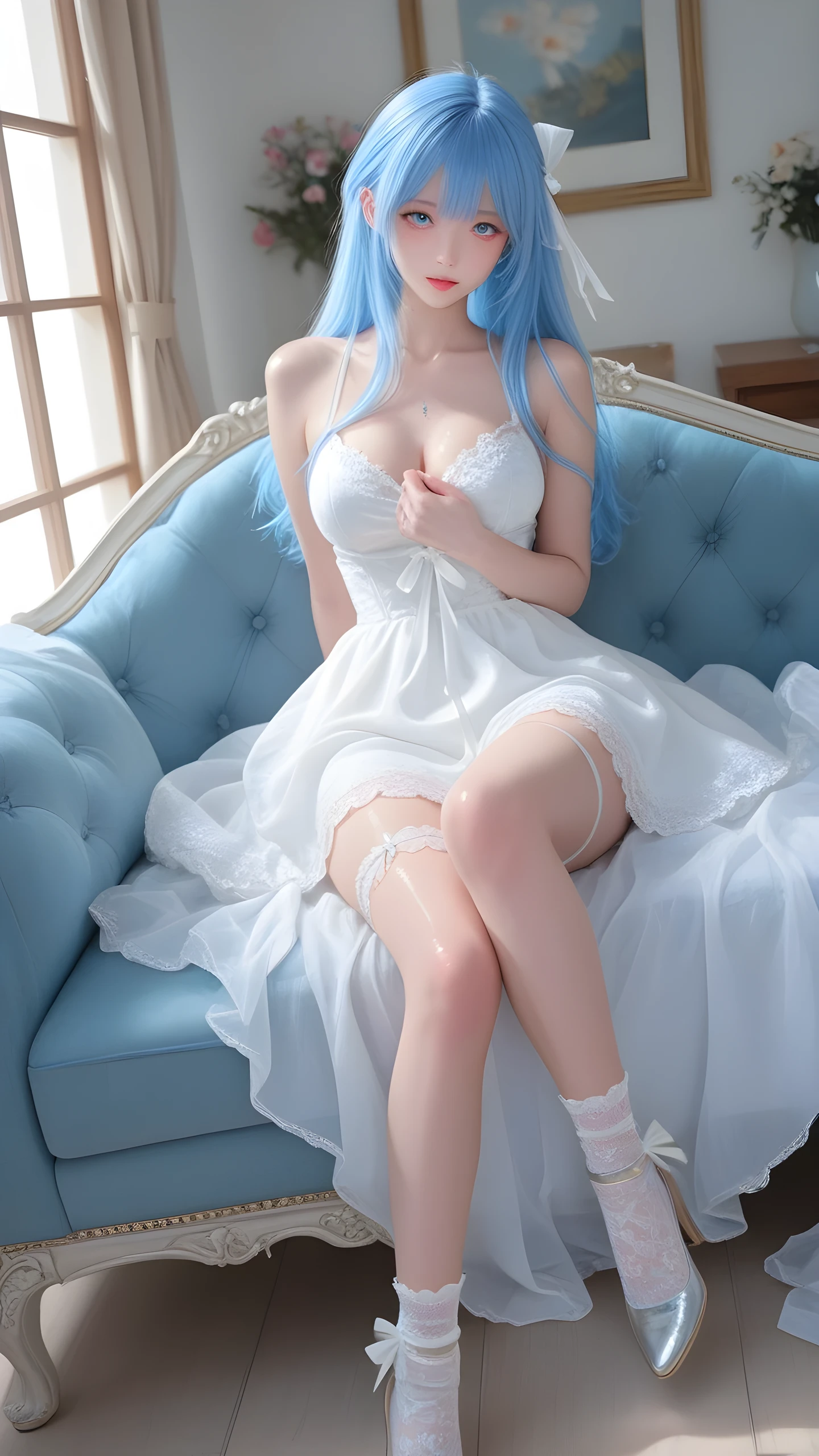 A white girl with blue hair,in a dress,Full breasts ,Glossy Black Mesh Socks With Pedals,show details。 A beautifully detailed 、High quality、 high-resolution 、 Clear subject 、Excellent depth of field、Dynamic light、's vivid masterpiece from a shooting angle。A blue-haired, white-skinned girl,in a white dress,full chest,sitting on the sofa by the window,wearing shiny white lace stockings {x}。shows her chest、bow、Ribbon、High Heels、thigh strap、slim figure、Flowers and bare shoulders。