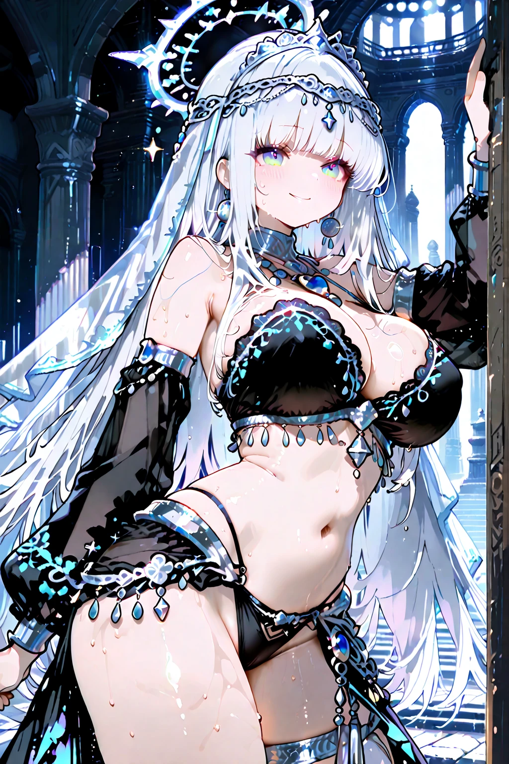 1 woman, (((very detailed))), ((Masterpiece)), ((illustration)), sensuality, starlight female saint, elegant black dress, Curvy woman, headscarf, long silver hair, white skin, My eyes fell., Starry eyes like the night sky, bust up, Facing forward, ???????????,Show your ???????,The cracks are clear...,((big ????))，(pubic bone), rift, visible ?????, ((???????????:1.37)), I see bulging ???????.,(((large ???????:1.4,pink,The ??????? are clearly visible.....)))