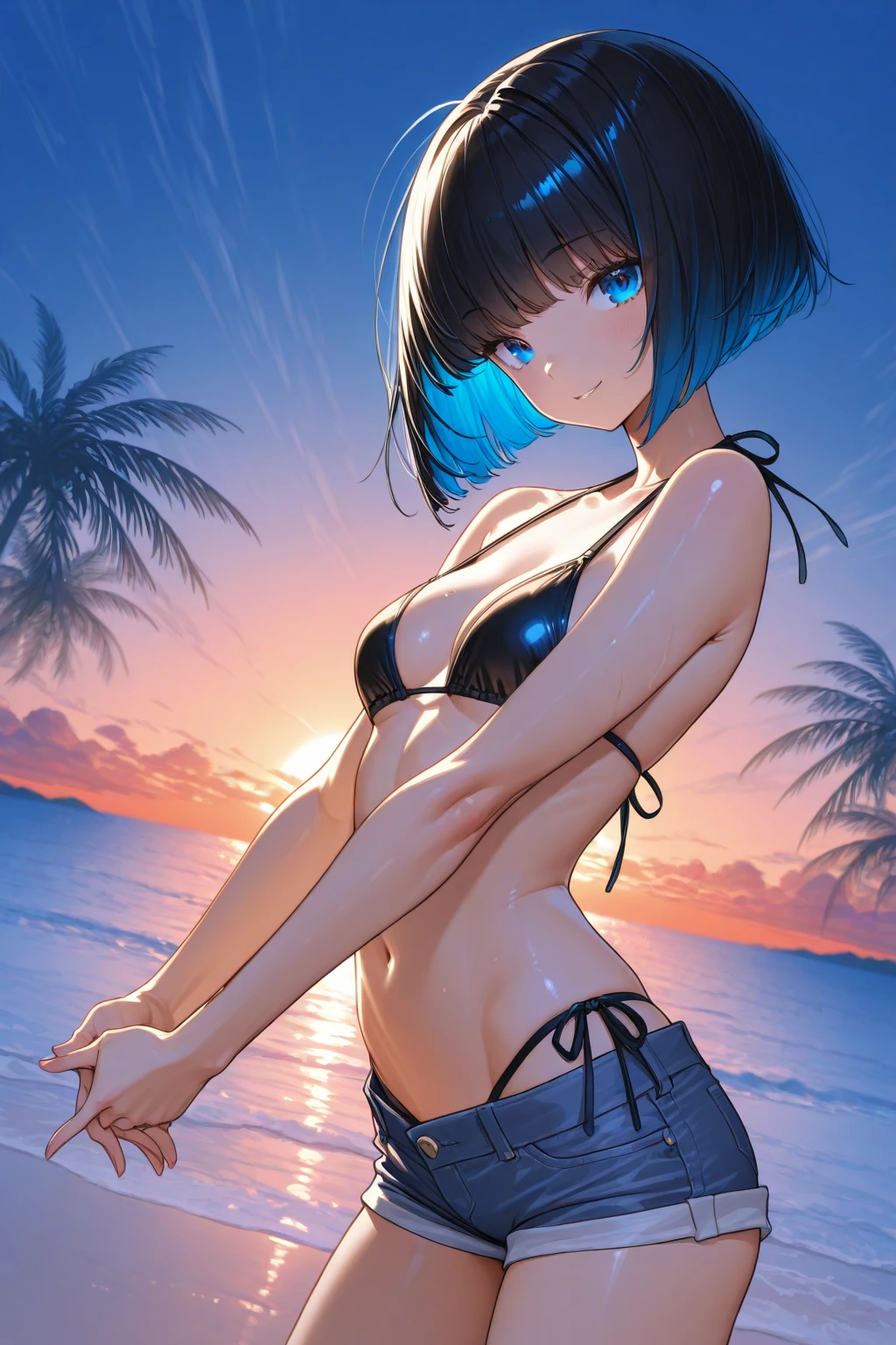 <lora:An25-003oc-EEE_noob_v1.0a1-000210:1>, <lora:nyalia:0.8>, nyalia, 
1girl, solo, EEE, x hair ornament, medium hair, dark blue hair, small , 
leaning forward, smile, blush, open mouth, cleavage, navel, collarbone, thigh strap, thighs, white , string , halo, bead bracelet, beach umbrella, wet, sunset, evening, ocean, outdoors, cloudy sky, orange sky, 
best quality, amazing quality, very aesthetic, absurdres, beast quality, masterpiece