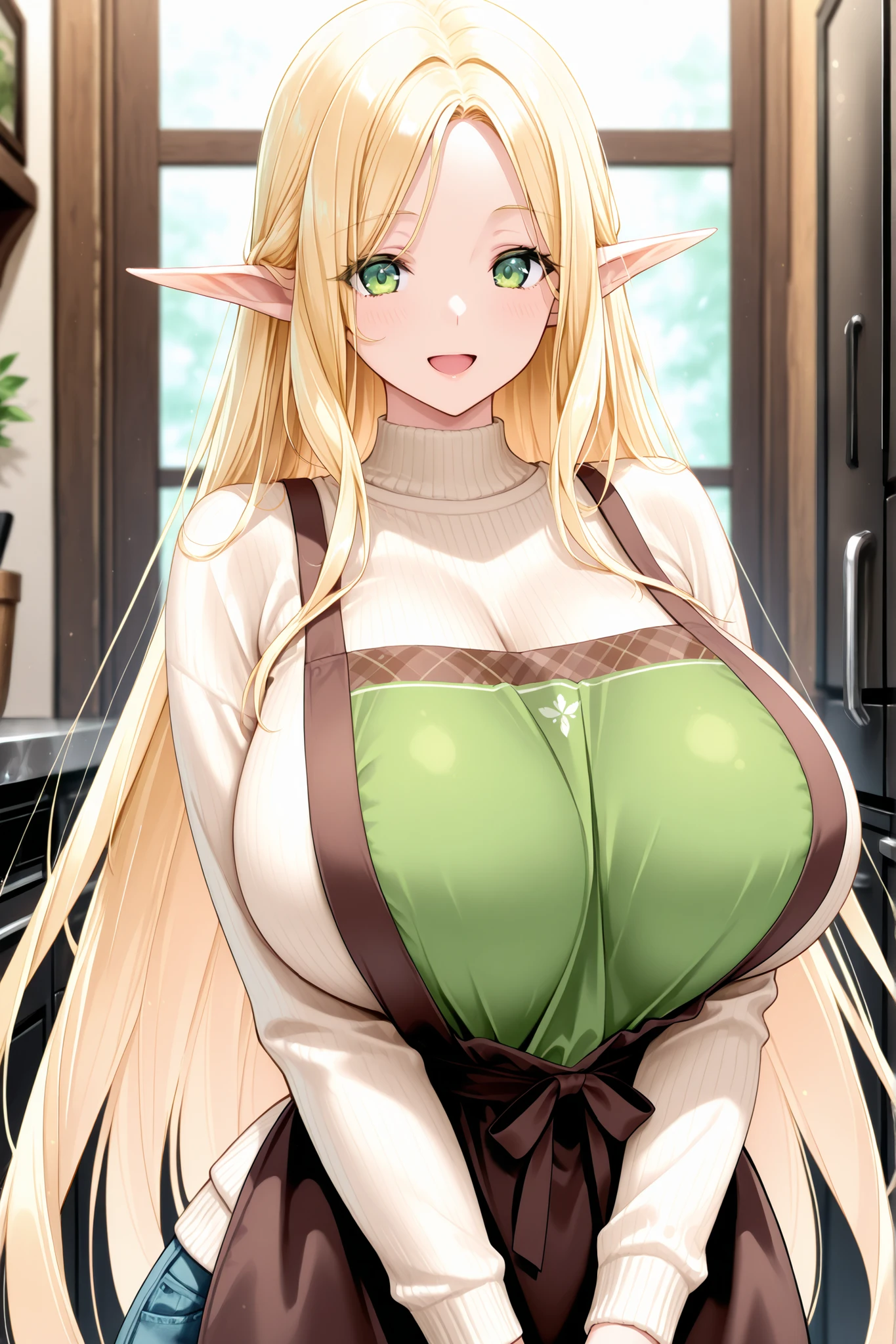 1 girl, very long hair, blond hair, green eyes, giant , elf, long ears, casual clothes, sweater, apron, happy, looking at viewer,