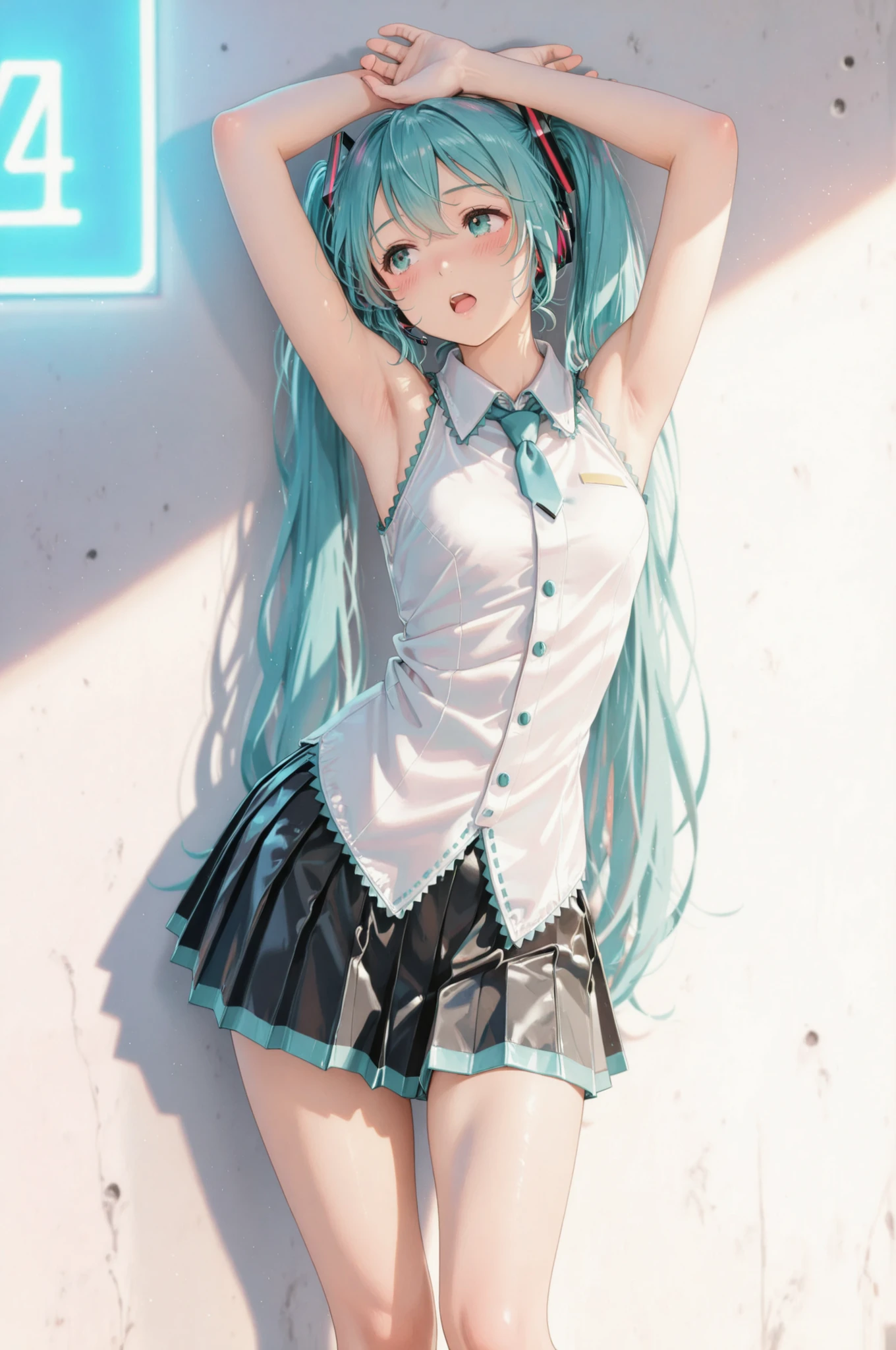 1 Girl, Neon Light Backdrop:1.4, solo, ((Blush:1.4, open your mouth)), lean against the wall, Hatsune Miku, ((Armpits, sleeveless costume , Pleated Mini Skirt, thighs, Beautiful skin:1.2)), 4 fingers, ((standing)), bend your knees:1.6, Notice the light and shadow in every detail, blurred background, (Highest Quality:1.2, 4K, 8k, very detailed, attention to detail, masterpiece:1.2, Ultimate aesthetics),