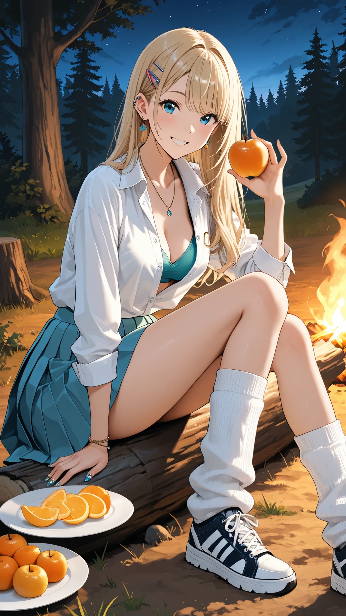 best quality, masterpiece, ultra-detailed, highres, absurdres, gal high school girl, slim body, feminine curves, long legs, trendy gal hairstyle, trendy gal summer uniform, loosened ribbon, unbuttoned shirt top button, short pleated skirt, loose socks, stylish sneakers, trendy earrings, trendy necklace, trendy piercings, trendy nail art, trendy hairpins, night forest campsite, sitting on log near campfire, warm firelight, holding juice, plate with fruit, happy smile, slightly top-down angle,

