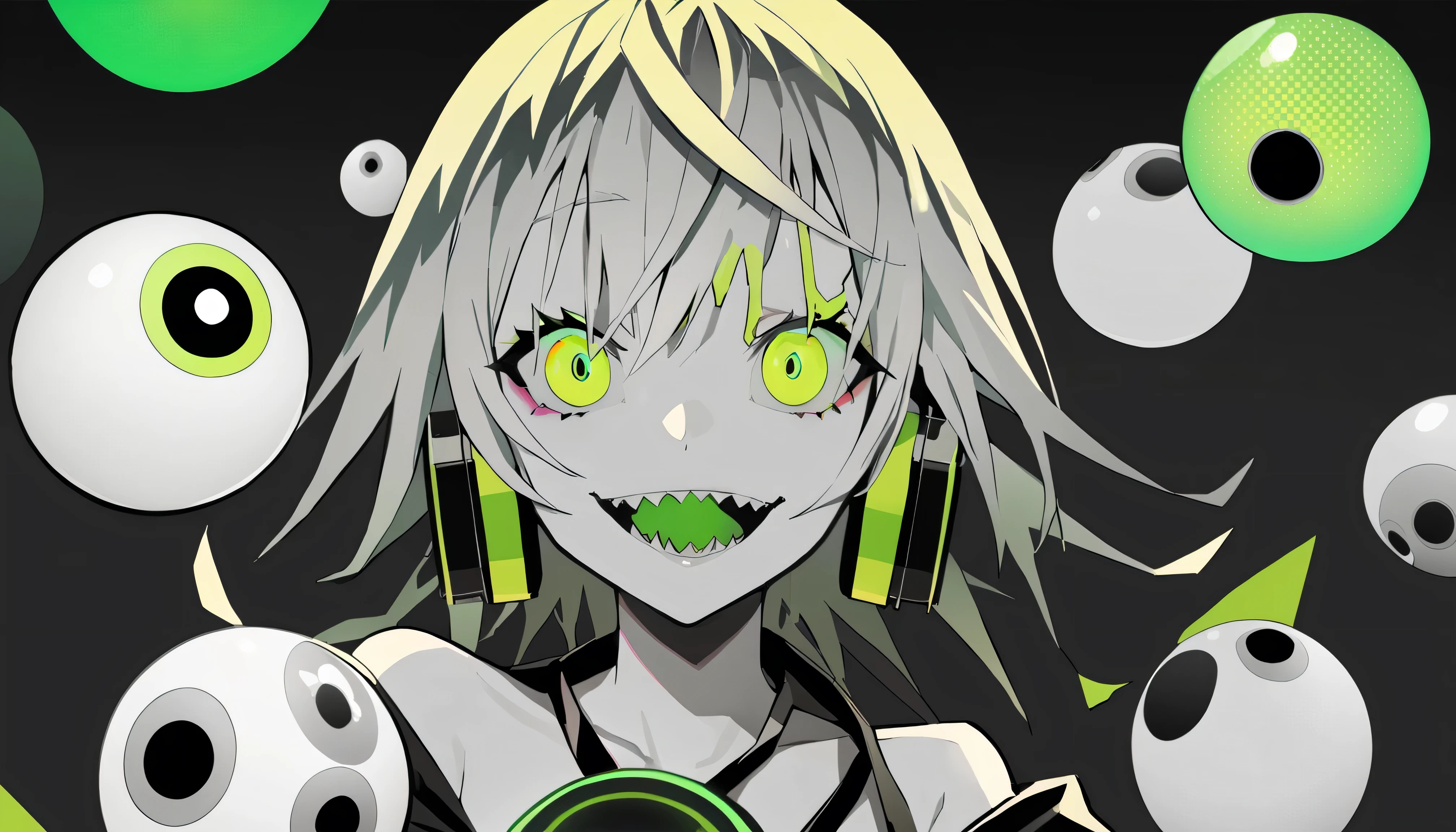  ((The background is a different green space、a skull with a green glowing eyeball))、masterpiece, Highest Quality, ((1 girl：The arrangement is centered)), ((The background is a different green space、a skull with a green glowing eyeball))、Spikes, ((solo)), headphones , Crazy smile, , spiked Color, Illness、monochrome, 色つきのheadphones around neck,yandere, Black background, Color, is watching viewers, bare shoulder, 光る緑の瞳, （hairstyle：blonde shortcuts、hooded）、hooded robe costume