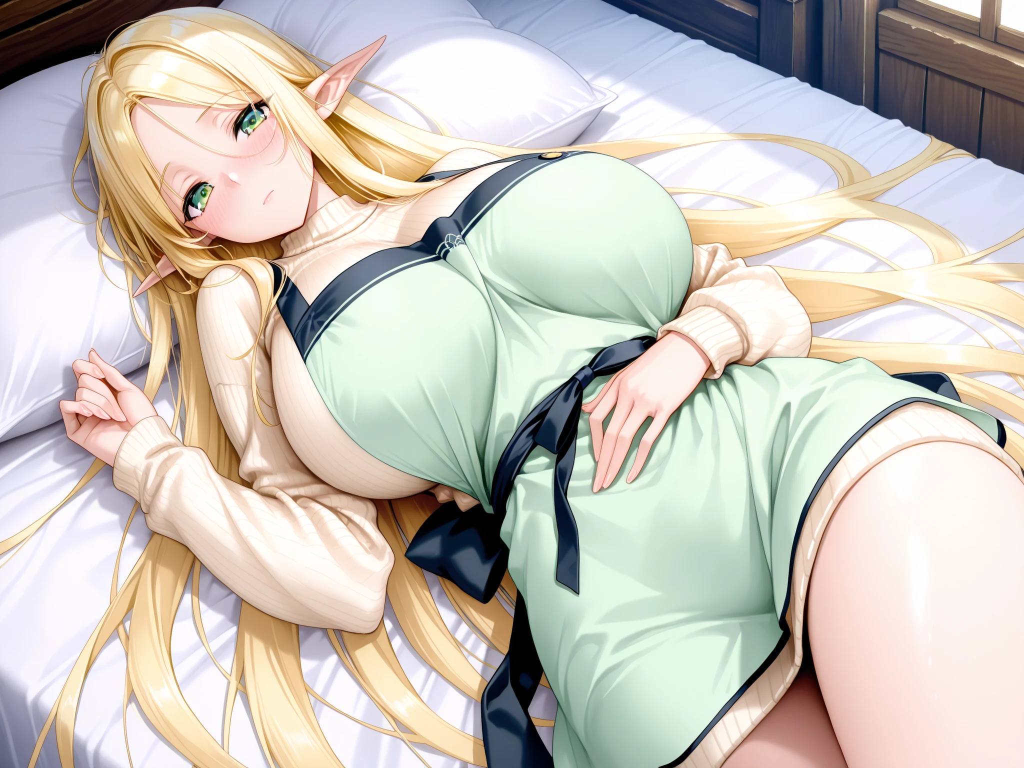 1 girl, very long hair, blond hair, green eyes, giant , elf, long ears, casual clothes, sweater, apron, lying on bed, blushing, looking at viewer, 