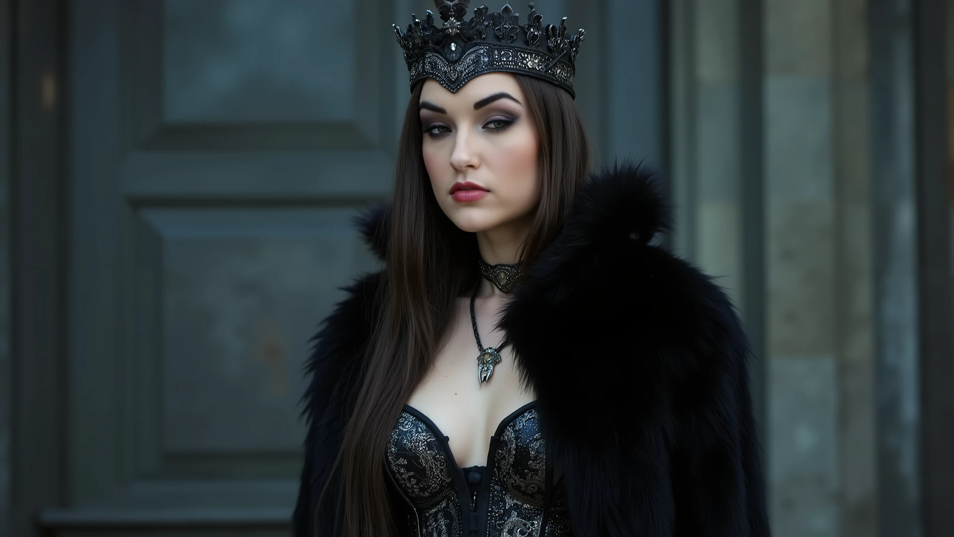 8k hyper realistic, cinematic, dslr, a blend of sharon stone, halle berry, kristanna loken, margot robbie, as the gothic warrior queen stands victorious, her raven tresses loose beneath the black crown, fair skin contrasting with piercing blue eyes that burn with quiet intensity. Her crinsom hair is worn loose beneath her black tiara. She wears a shiny black steel breastplate adorned with platinum scrollwork and metallic accents (inspired by corset), complemented by a flowing black fur cloak. Her stunning physique is showcased in a side-view pose, her black cutout satin skirt fluttering behind her. A blurred charcoal grey and midnight blue background complements her striking features, as if the darkness itself has yielded to her fierce determination. huge breasts, Latex clothes,Leather clothes, full_body, perfect body, side_view, cinematic style, cleavage cutout, beauty