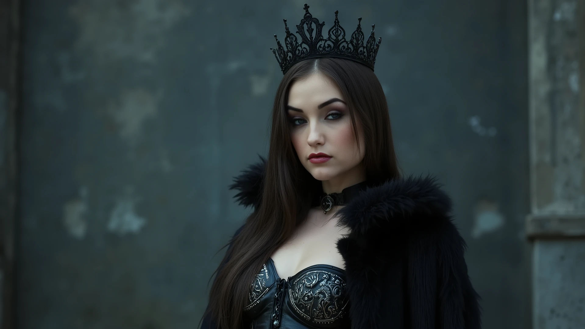 8k hyper realistic, cinematic, dslr, a blend of sharon stone, halle berry, kristanna loken, margot robbie, as the gothic warrior queen stands victorious, her raven tresses loose beneath the black crown, fair skin contrasting with piercing blue eyes that burn with quiet intensity. Her crinsom hair is worn loose beneath her black tiara. She wears a shiny black steel breastplate adorned with platinum scrollwork and metallic accents (inspired by corset), complemented by a flowing black fur cloak. Her stunning physique is showcased in a side-view pose, her black cutout satin skirt fluttering behind her. A blurred charcoal grey and midnight blue background complements her striking features, as if the darkness itself has yielded to her fierce determination. huge breasts, Latex clothes,Leather clothes, full_body, perfect body, side_view, cinematic style, cleavage cutout, beauty