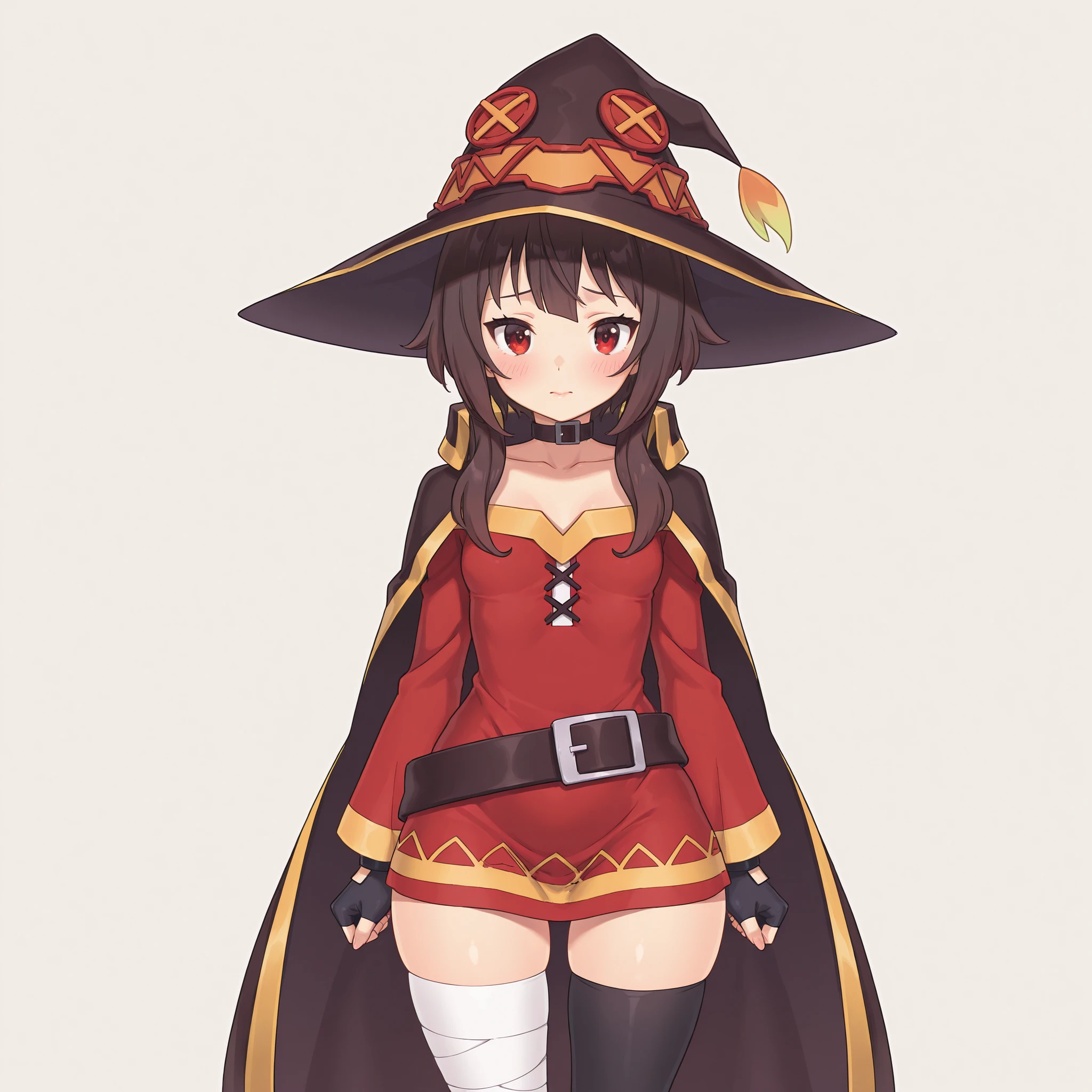 masterpiece, ultra-HD, impressionism, high detail, best quality, very aesthetic, 8K, best quality, beautiful, ultra-high resolution, 32K UHD, sharp focus, 1girl, solo, Megumin-Liver020, short brown hair, middle bangs, long locks, red eyes, eyelashes, pink lips, tiny , narrow waist, wide , thick thighs, shapely legs, slim, petite, red short dress, off-shoulder dress, black cape, black witch hat, fingerless gloves, black choker, black thigh high sock, single sock, bandaged leg, belt, blushed, shy, cute, standing, looking at viewer, simple background, front view