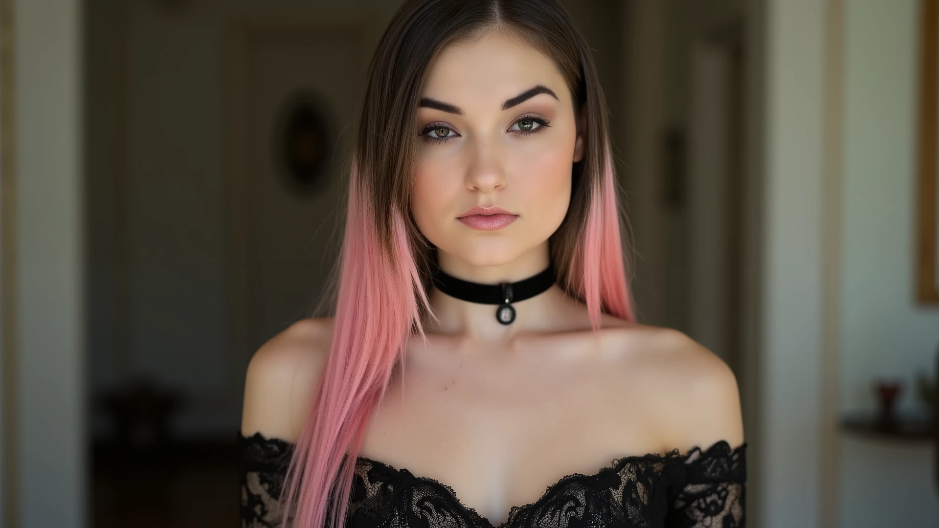 The image is an 8K photorealistic portrait captured with a Canon EOS 5D Mark IV, utilizing an 85mm f/1.8 lens at ISO 100, resulting in a stunning shallow depth of field that beautifully blurs the background. The young woman, in her early 20s, showcases flawless porcelain skin and sharp high cheekbones, with full lips forming a subtle neutral pout. Her intense hazel-green eyes hold a calm, mysterious gaze that draws the viewer in, conveying quiet confidence and subtle allure. Long, straight ombre hair, with jet black roots fading into vibrant pastel pink, cascades elegantly over her shoulders, enhancing her striking presence. She wears a form-fitting off-shoulder black lace corset top, featuring intricate floral patterns that accentuate her ample cleavage and slender figure, complemented by a slim black velvet choker that adds a touch of sophistication to the overall composition. The lighting is soft and diffused, highlighting her features while creating a gentle glow that enhances the ethereal quality of the portrait. The framing focuses closely on her upper body and face, inviting an intimate connection with the viewer.