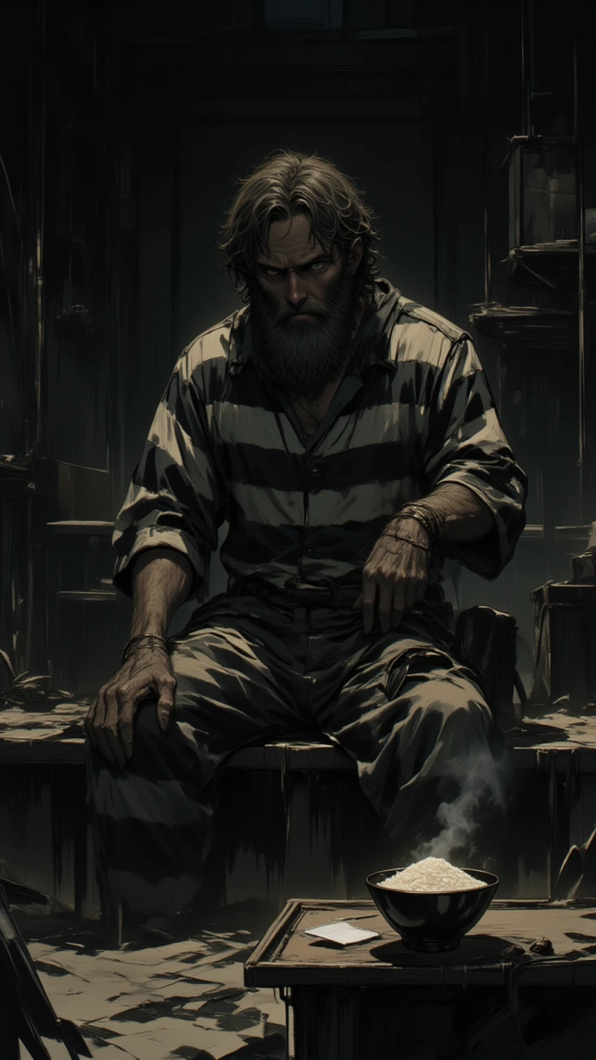 Middle-aged man,White Beard,Grizzle hair,Long Hair,Dad，Big muscles,Slightly thicker，anger，Dressed in a gorgeous white suit, In a cage, slave, Sit on a chair, Chained, Large Breasts, Big ,White , good looking,  blemishes, Squeeze the face, Red eyes, Two hands, Tattoo on the forehead, many chains, Chained on neck