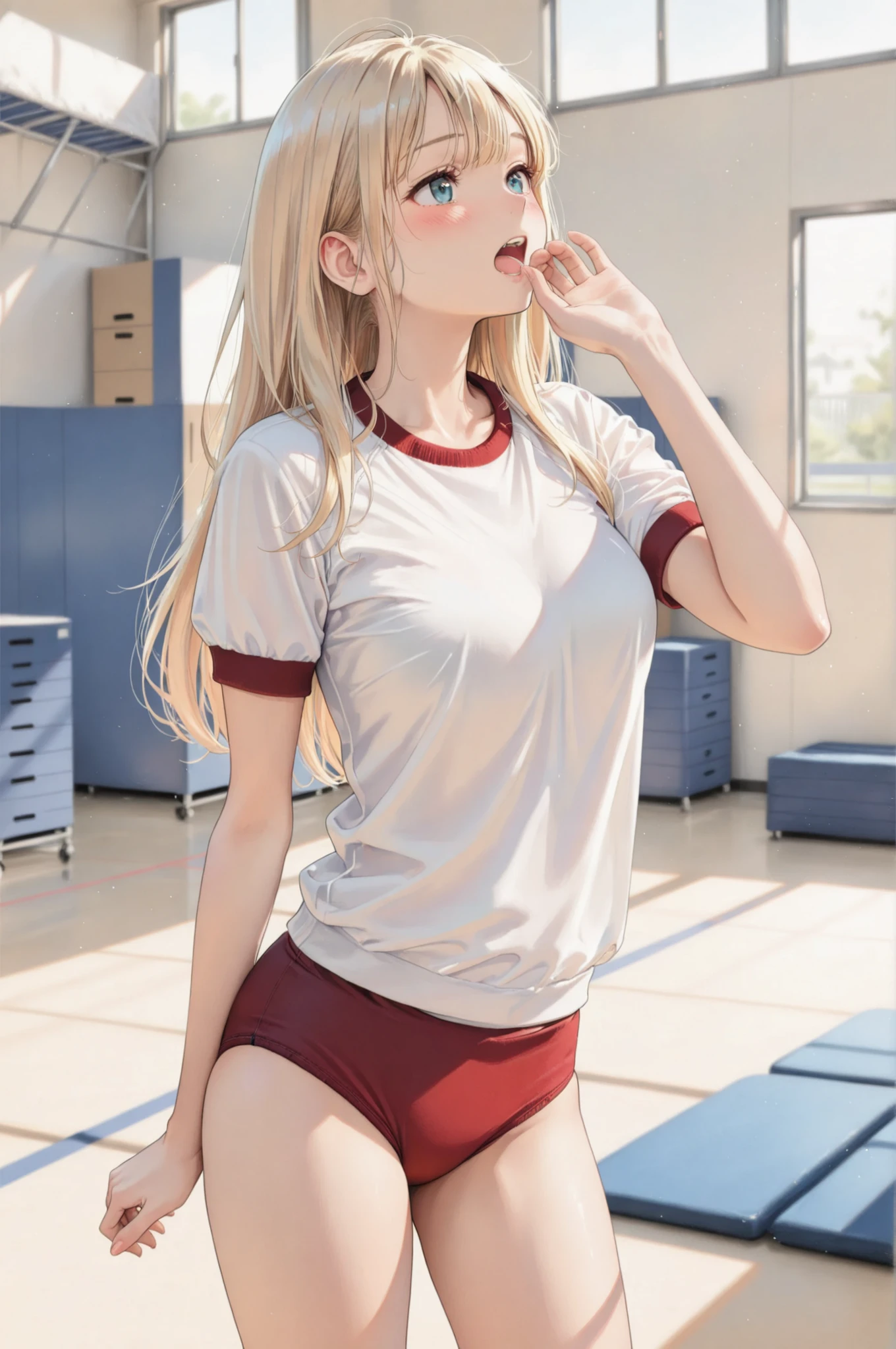 1 Girl, Background of the gym storehouse:1.4, solo, ((Blush:1.4, open your mouth)), Blonde, Long Hair , ((thighsに手を当てる, Gym Clothes, buruma, thighs, Beautiful skin:1.2)), 4 fingers, ((standing)), jump box, gymnastic mat, ball, Dim warehouse interior scenery, Pay attention to light and shadow in every detail, blurred background, (Highest Quality:1.2, 4K, 8k, very detailed, attention to detail, masterpiece:1.2, Ultimate aesthetics),