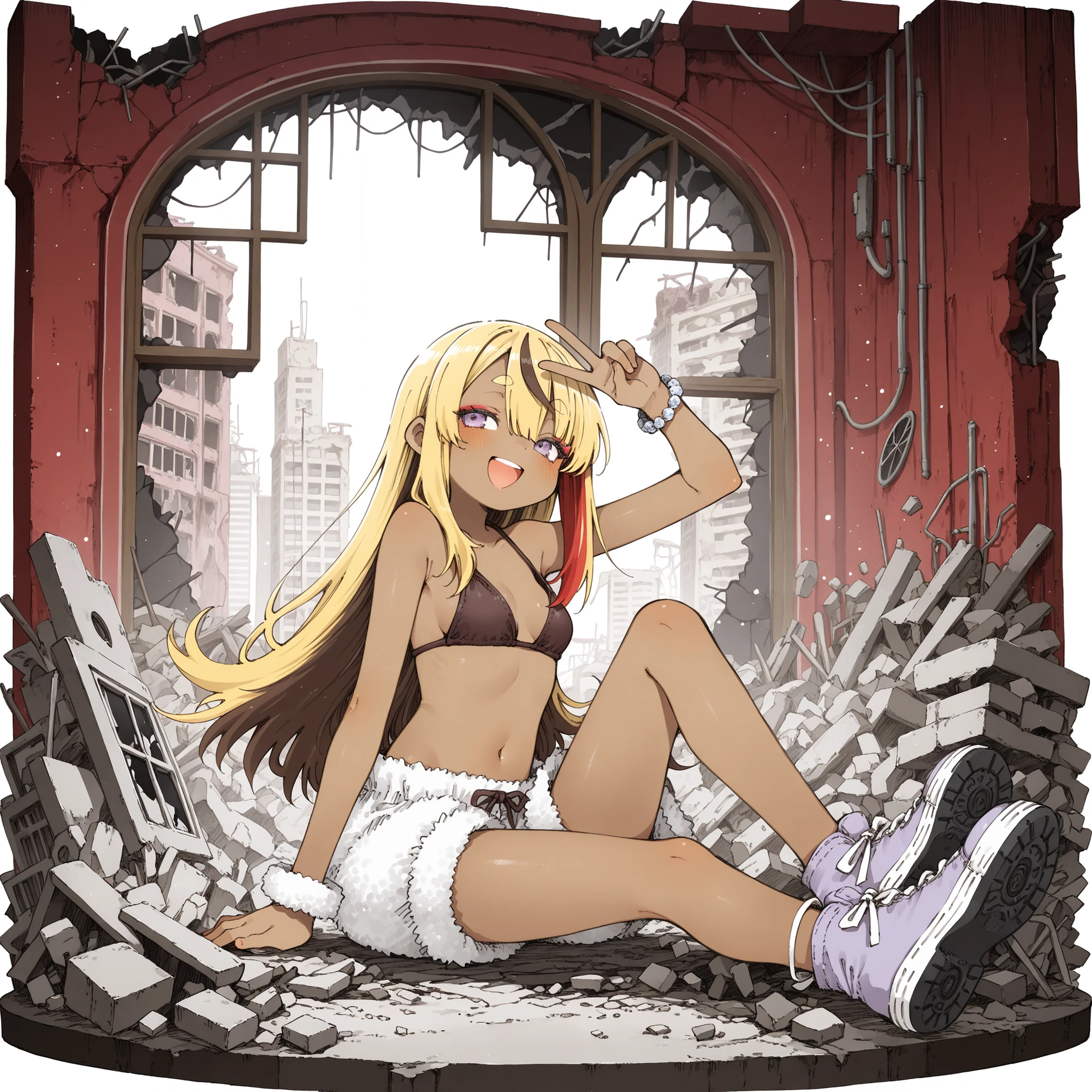 ((Abara Heiki style)), ((Masterpiece)), ((best quality, amazing quality)), ((very aesthetic, absurdres, newest)), (faux figurine:1.5), ((Gacha Splash, Transparent background, Mini background)), (Asymmetrical background), ((halftone)), (cinematic lighting), ((1girl)), Cute young Girl, (Healthy Gaunt body, Textured skin, small , tilt head), ((brown-skin)), Glossy straight hair, (hair between eyes, long bangs, long side bangs), blonde hair with red, ((red streaked hair)), highlights hair, long hair, big eyes, (pale purple eyes, gradient eyes, averting eyes, looking at side), blush, (( smile, :d)), Thin and short eyebrows, cute cheeks, glossy lips, pouty lips, put on rouge, BREAK, (fur top, fuzzy top, foamy top, dark brown color , slightly exposed sideboob), arms, (fur shorts, fuzzy shorts, foamy shorts), V over head, Fine gemstone bracelet, cute makeup, (indoor, sitting in the Mossy abandoned ruins, pile of rubble), learning back, outstretched leg, shoe sole, broken windowpane, wind blow, grimy window, stained window, post-apocalyptic cityscape,