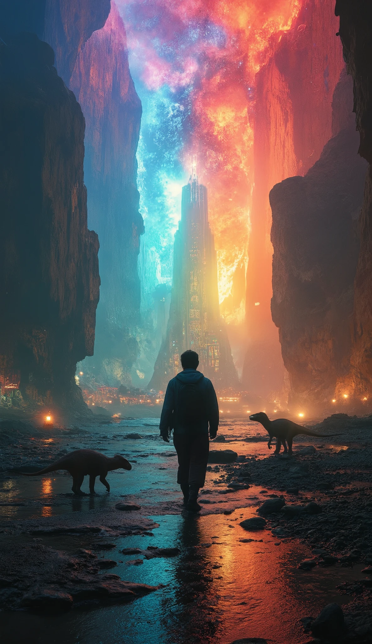 high-definition images、カイラス山の地下にある、シャンバラ in the Underworld、Explore、Ethan Hunt、Beautiful futuristic buildings in the seven-color sky、恐竜も歩き回る