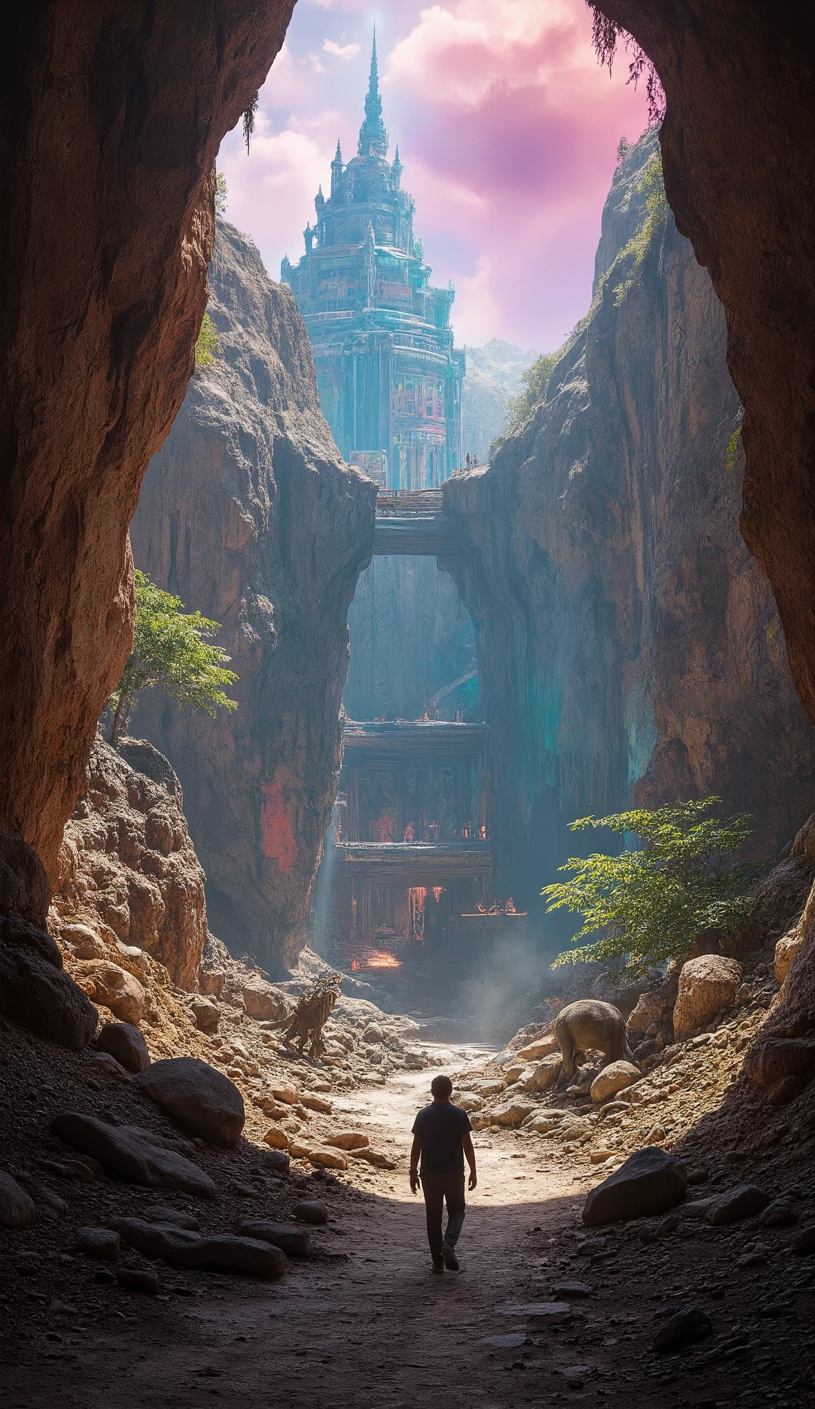 high-definition images、カイラス山の地下にある、シャンバラ in the Underworld、Explore、Ethan Hunt、Beautiful futuristic buildings in the seven-color sky、恐竜も歩き回る