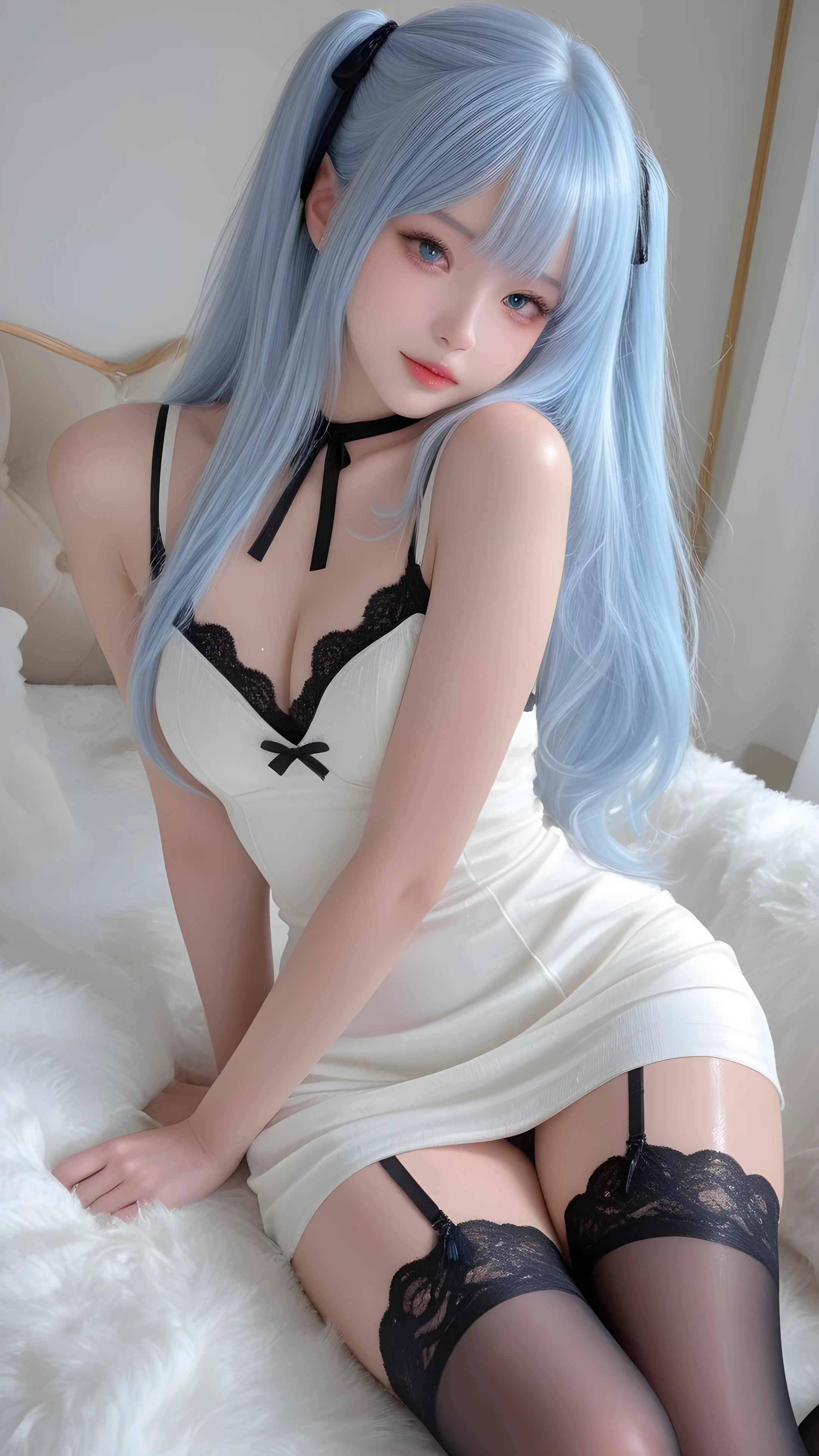 A white girl with light blue hair,in a dress,full chest,Shiny black lace stockings with pedals,showing the details。