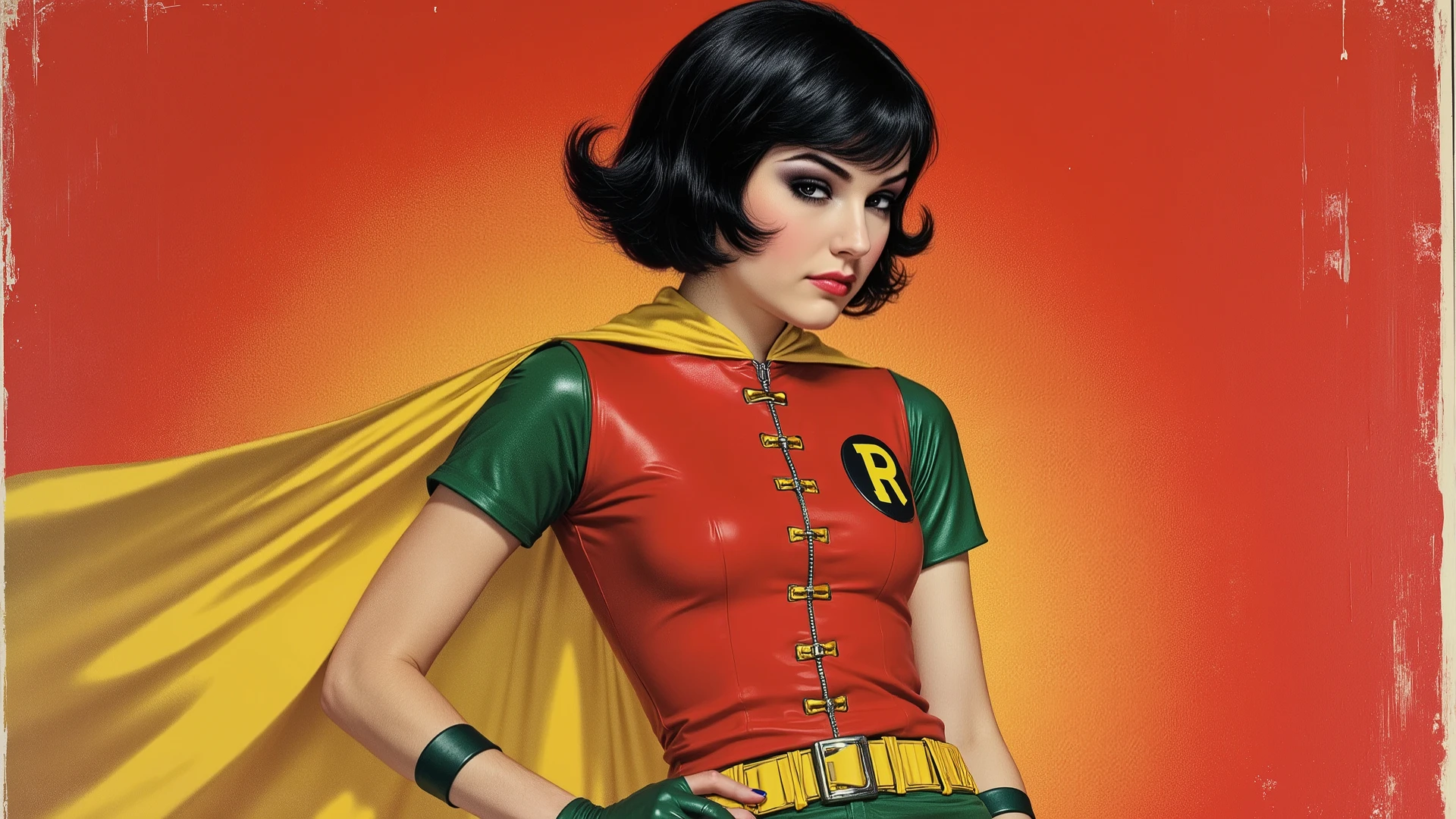 Vintage  pinup girl poster featuring Batman’s sidekick Robin, reimagined as a 17 year old teenage girl, with short black hair, in a fierce and pose while emphasizing her beautiful figure, with a feminine version of the Robin’s iconic costume unzipped to her waist