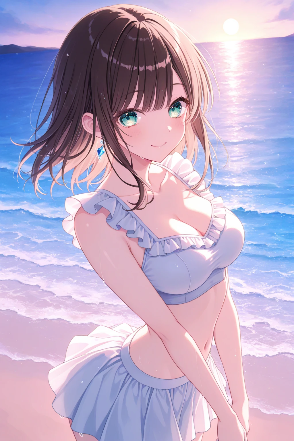 Photorealistic、Highest quality、Highest Resolution、Highest quality、16Ｋ、One beautiful woman、cute、Bob Cut Hair、Dark Hair Color、Light blue eyes、Big Breasts、Beautiful breasts、cute水着、Ocean、looks fun、smile、