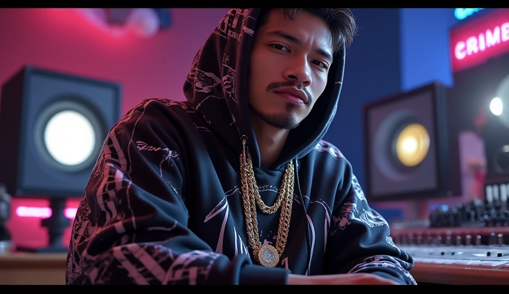 Anime style of a cool rapper in a professional music studio. He - SeaArt AI