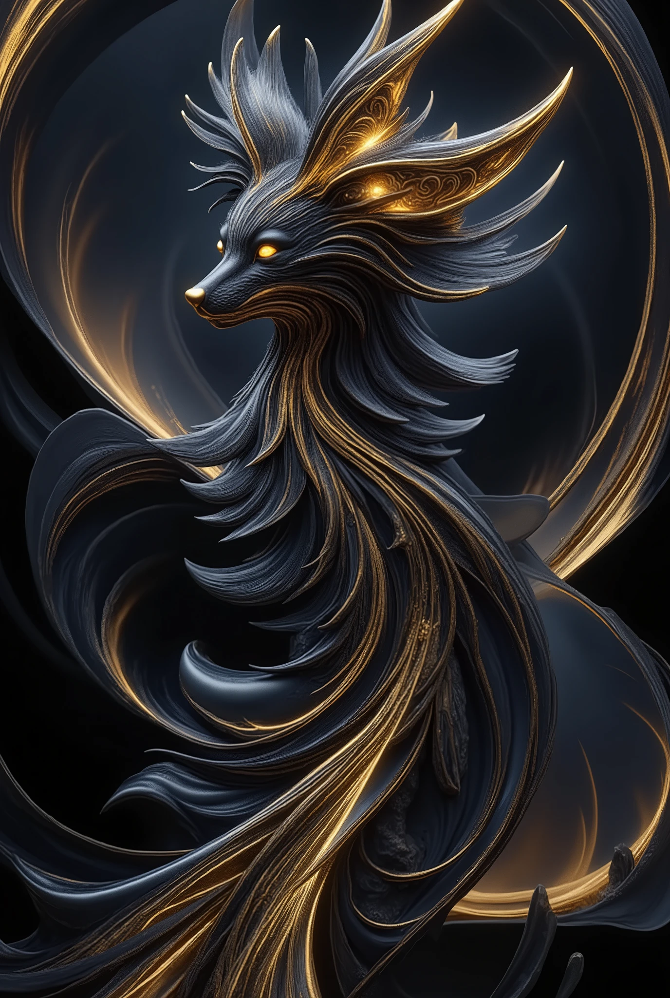 A black and golden fox spirit, its form sculpted as if forged from pure metal, yet each individual strand of fur delicately rendered with intricate precision. It stands luminous in the midnight darkness, deep within a pitch-black forest, its ethereal glow piercing through the shadowed trees like liquid moonlight. The spectral radiance shimmers across its sleek, argent body, casting mesmerizing reflections in the stillness of the night.