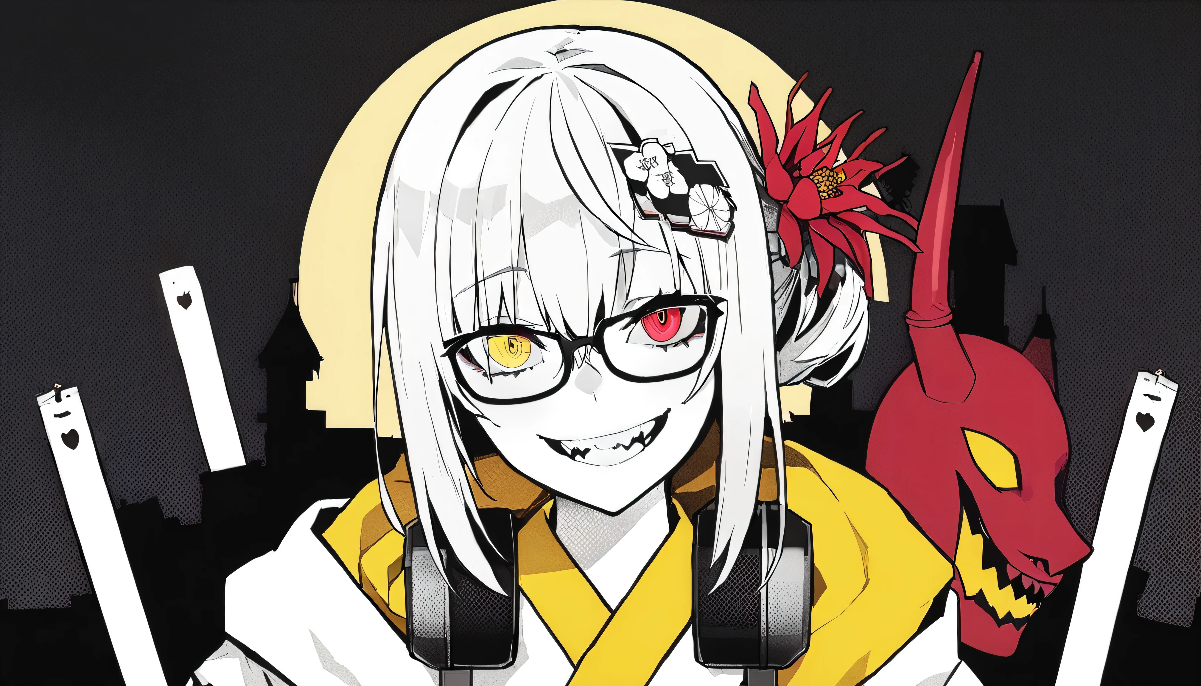 (( background is a Japanese castle、Japanese sword))、masterpiece, Highest Quality, ((1 girl:The arrangement is centered)), ((The background is a yellow full moon))、Spikes, ((solo)), Glasses、headphones , Crazy smile, Demon Mask , spiked Color, Gamer, Illness, monochrome, 色つきのheadphones around neck,yandere, Black background, Color, viewer, Bare Shoulder, Red Eyes, hair between eyes,(hairstyle:Evening updo:hair ornaments)、wearing a kimono with a red spider flower pattern