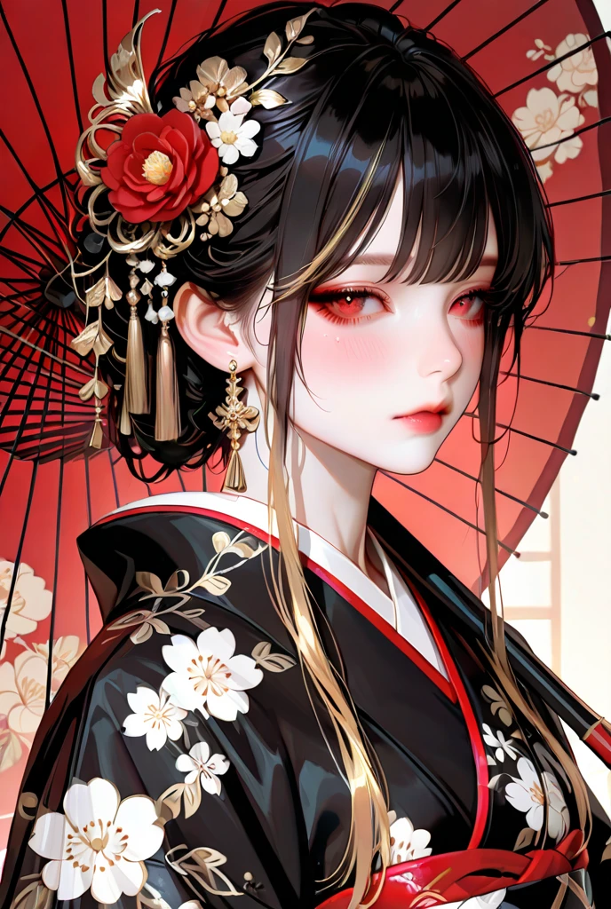 Best Beauty, Alone, Long Lashes, Black Eyeliner, Bright Red Lips, Nose Straight, Uphair, Hair Ornament, Off Shoulder Furisode Kimono, Night, Night Cherry Blossoms, Wind, Candle, Fan, Japanese-Style Room, Real Photo Stick, Upper Skirt, Very Hyper Dark Background --auto --s2
