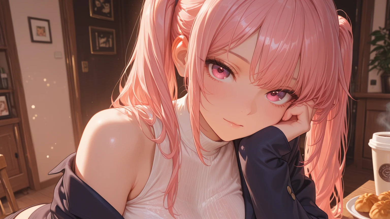 masterpiece, best quality, highly detailed, high resolution, expensive resolution, high resolution, 4K, 8k, uniform 8k wallpaper, highly detailed CG, masterpiece, 2D, 3D, beautiful details, depth, fine texture, best quality: 1.3, perfectly focused, crispy. skin, him, cute anime 20s girl, her name is Mei, idol, expensive brown short twin tails, mole under eye, looking at the viewer, cowboy shorts, expensive, blush, mole, plump lips, heart, pink eyes, heart shaped choker