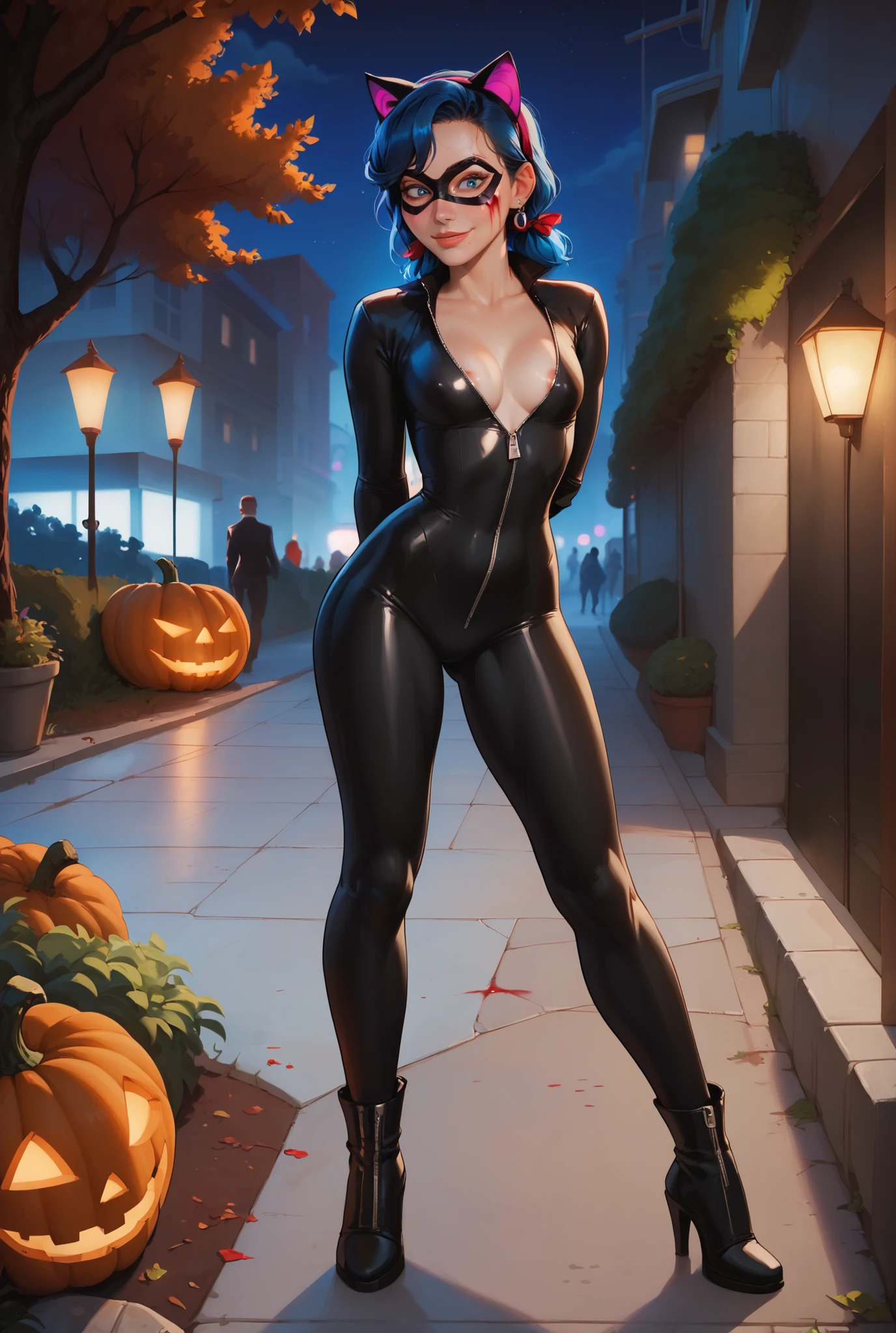 score_9, score_8_up, score_7_up, realistic lighting,  silhouetted, 
1girl, miraclady, 1girl, solo, blue hair, low twin tails, medium hair, blue eyes, hair ribbon, domino mask, earring, big ass, black mask, domino mask,small breasts, small pupils, naive look, black bodysuit, black suit, tight bodysuit, in the park, night, standing, blood on face, blood on lips, red highlights, ripped bodysuit, ruined makeup, headband with cat ears, hallooween, halloween city, park alley, leather suit, green eyes, standing, trees, pumpkins, cleavage, deep cleavage,  areola peek, unzipped suit,  full body, blac boots, hands behind back, looking down, seductive smile