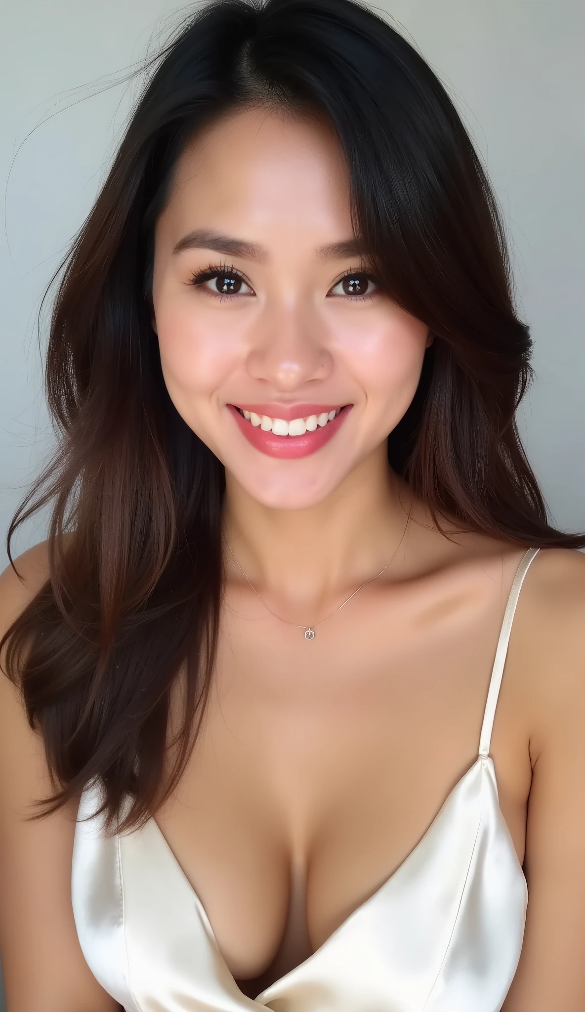 Profile photo    S+R  closeup beautiful woman face wearing white satin dress on muscle upper body, with smile confidence , hyper detail texture skin , smiling confidence showing teeth 