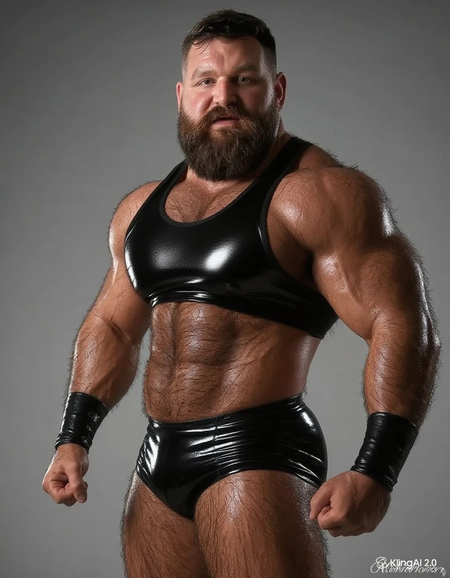  Hyperrealistic image of an elderly 19th century blonde German steampunk pole dancer superhero with  torso combed gray hair and huge handlebar mustaches A super heavy bodybuilder flexing his muscles A full body obese bodybuilder with a very sweaty body An extremely muscular man and extremely fat over 70 years old weighing over 600 pounds a very hairy muscular man with very large legs and large sagging pectorals, dark  and gynecomastia on the stage of a steampunk theater with red velvet curtains and gold fringes dressed in a black satin  black lace stockings on the legs black very high heels  