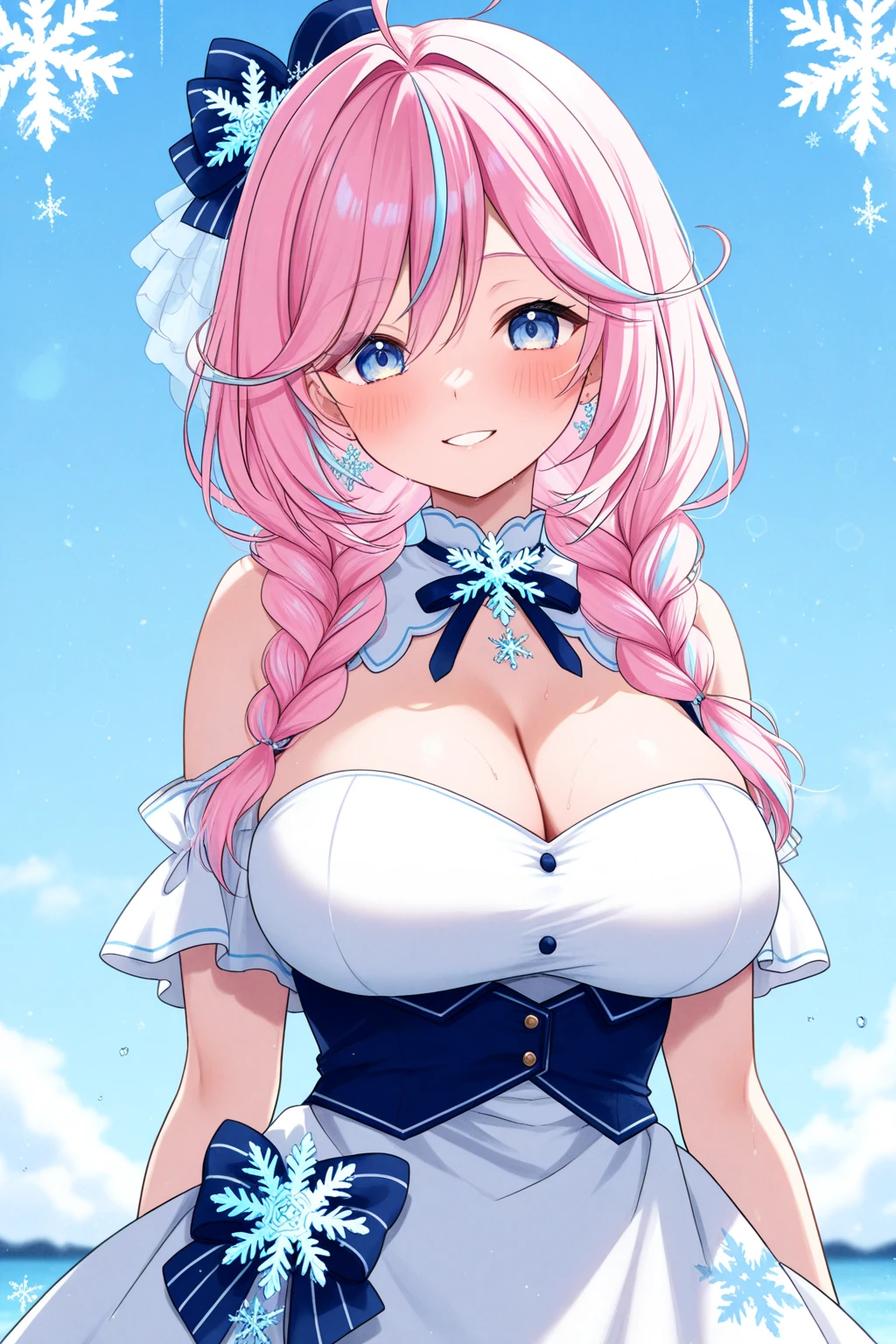 Best Quality,Beautiful Eyes,Very cute face,Beautiful Anime Girl,(Solo Girl),(gigantic :1.4),(:1.4),(:1.4),(:1.4),(mega :1.4),(Pink hair),(low twintails:1.4),(Light blue eyes),Very happy smile,BREAK,(White smock blouse,Frills,Long bell sleeves,白のFrillsロングスカート:1.2),Flower Field,petals dancing in the wind,blue sky,Cowboy Shot,(Open your arms,Dynamic Pose,Dynamic Angle,Angle from below)