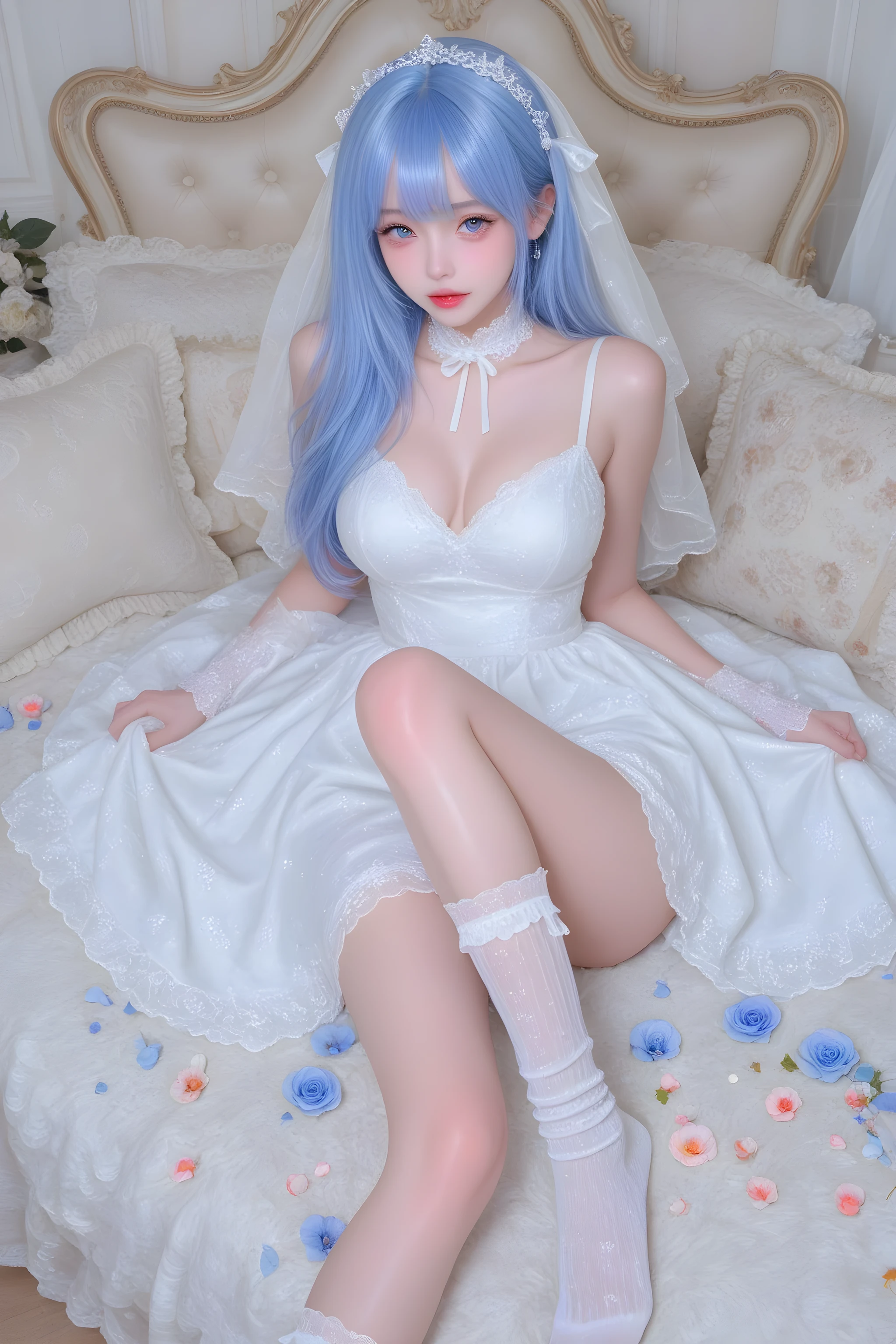 A white girl with blue hair,in a dress,Full breasts ,Glossy white mesh socks with pedals,show details。