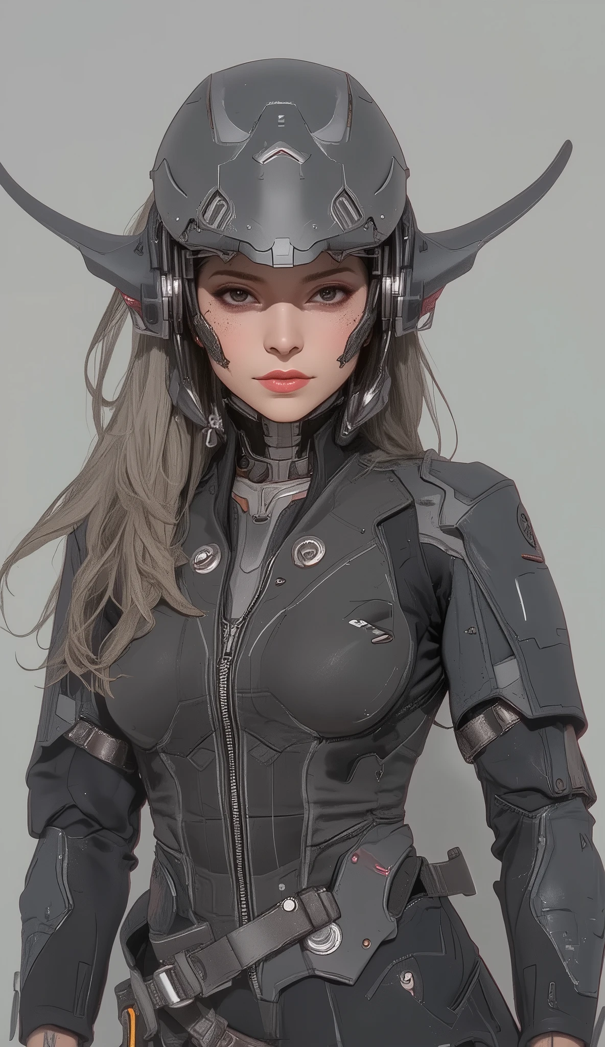 futuristic female figures are soft, discreet background , Advanced, is a suit that closely adheres to the skin、accentuate her well-shaped form. suit is mostly dark gray and、features subtle metallic accents outlining the curve、exudes smoothness, Neat appearance. It features large decorative metal buttons and pink highlights, Combining, Against the backdrop of、adds an interesting contrast and futuristic touch.  her suit 、and an exaggerated zipper that stretches along the center line, design, the、the complex underneath A glimpse of jewelry. figure helmet has a similar style, rounded, oversized ear covers and a smooth visor The. The overall look is reminiscent of sci-fi art, x} elements of high fashion and advanced technology. has a relaxed vibe, with light hues such as gloves and ring cuffs to highlight the、evokes open skies and vast spaces,  on her face .