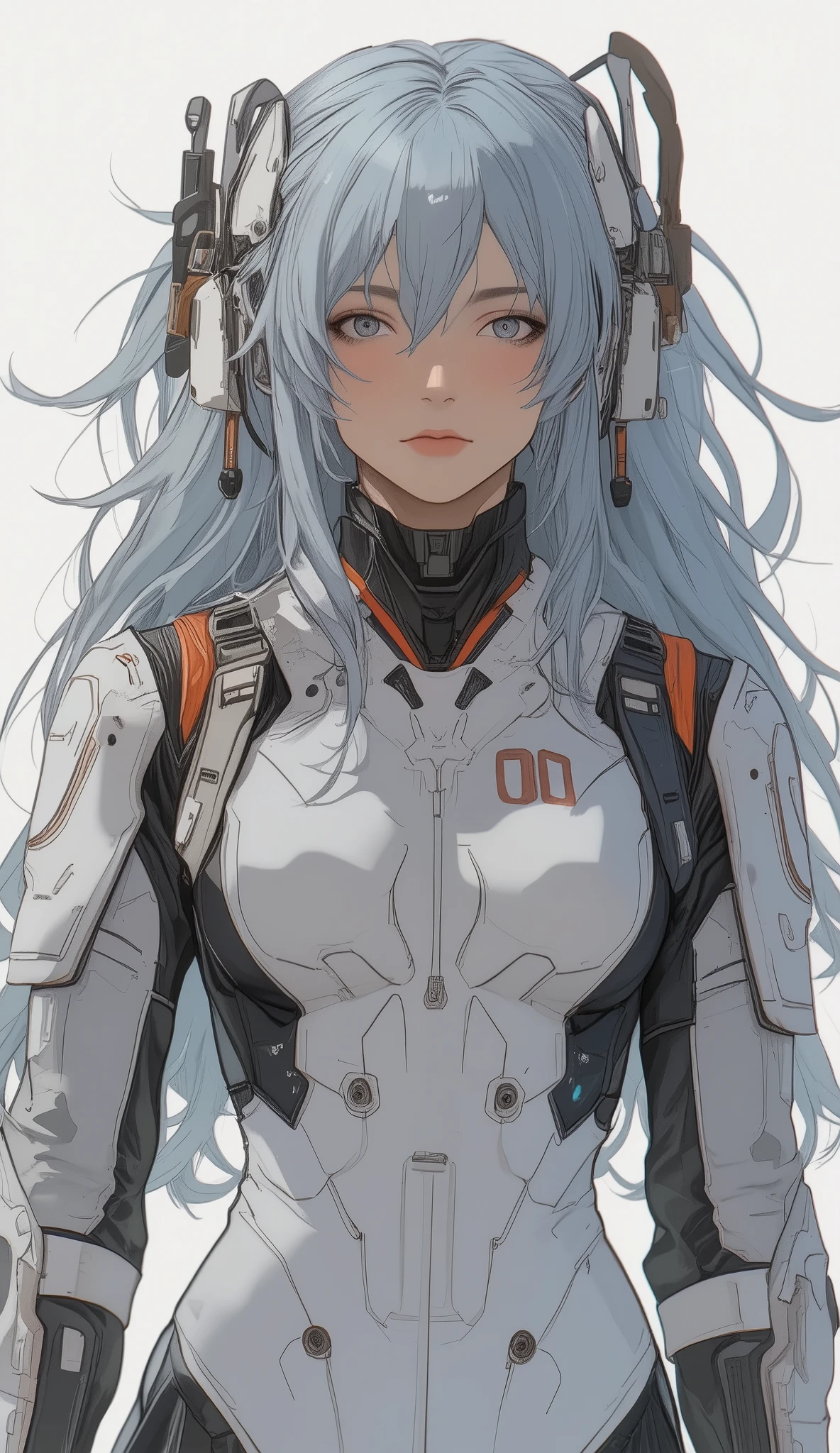 A character is depicted with voluminous light blue hair, adorned with white and brown straps that appear to serve as accessories or a part of a headpiece. The attire is a futuristic body suit, predominantly white with black lining and orange accents on the shoulders. The suit features a distinctive red and black color scheme around the collar, complementing the otherwise monochromatic palette. The number "00" is prominently displayed on the chest area, suggesting an identification marker or designation. The lighting casts soft highlights and shadows across the smooth fabric of the suit, contributing to a sleek, high-tech appearance. The artistic style is reminiscent of anime, with clean lines and a focus on capturing subtle shifts in color and light, enhancing the overall futuristic and intriguing aesthetic of the character.
