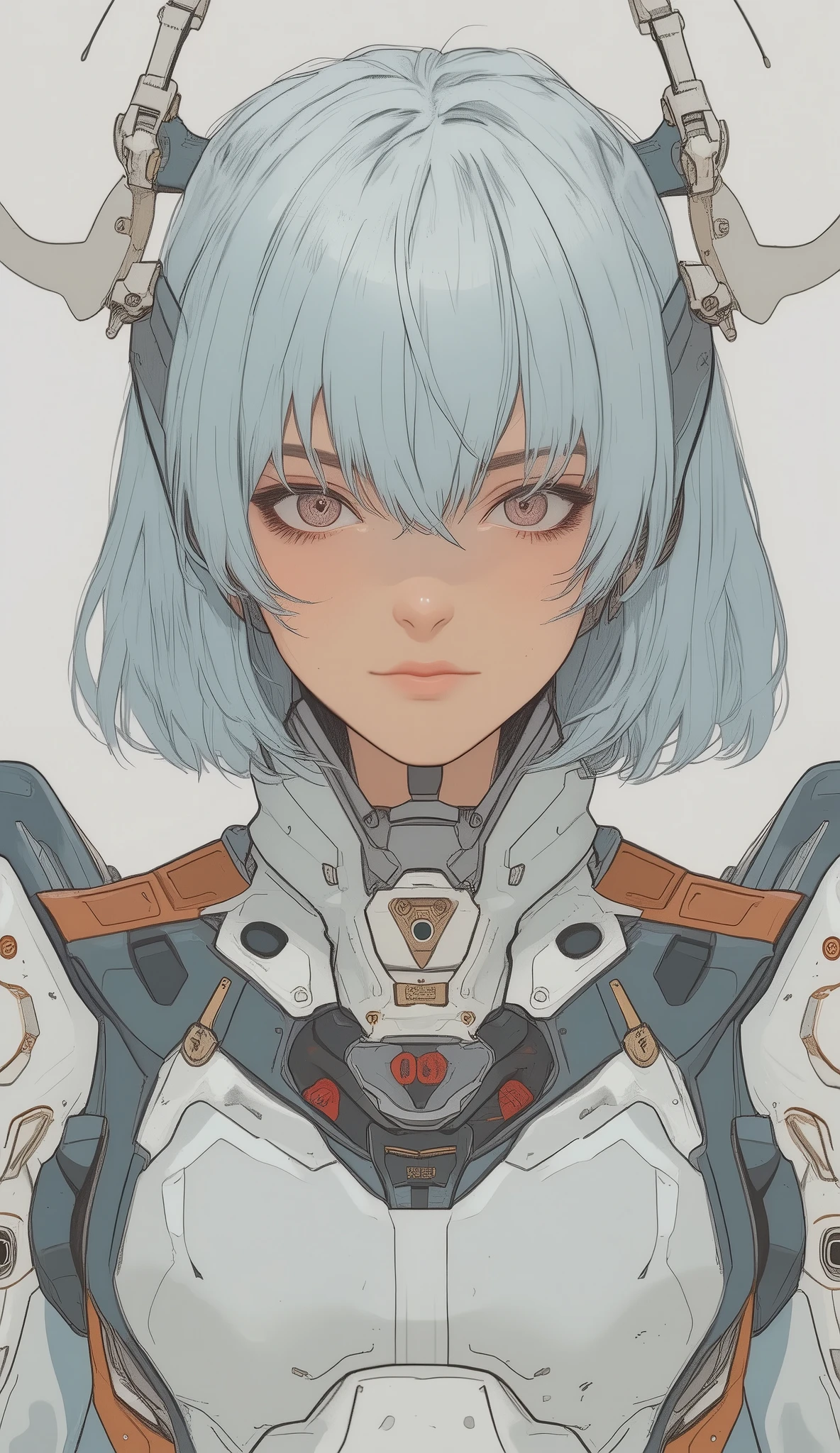 A character is depicted with voluminous light blue hair, adorned with white and brown straps that appear to serve as accessories or a part of a headpiece. The attire is a futuristic body suit, predominantly white with black lining and orange accents on the shoulders. The suit features a distinctive red and black color scheme around the collar, complementing the otherwise monochromatic palette. The number "00" is prominently displayed on the chest area, suggesting an identification marker or designation. The lighting casts soft highlights and shadows across the smooth fabric of the suit, contributing to a sleek, high-tech appearance. The artistic style is reminiscent of anime, with clean lines and a focus on capturing subtle shifts in color and light, enhancing the overall futuristic and intriguing aesthetic of the character.