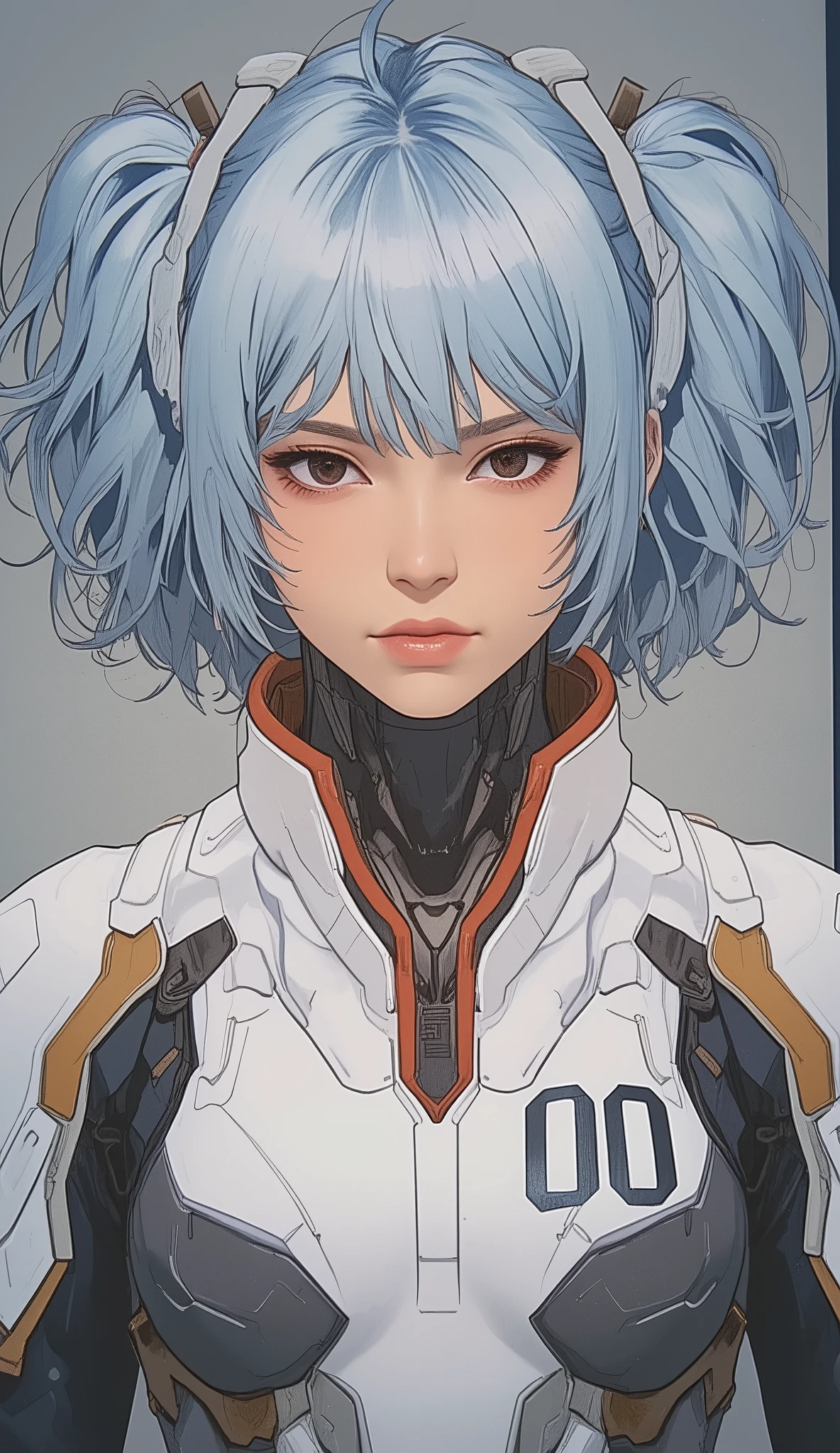 A character is depicted with voluminous light blue hair, adorned with white and brown straps that appear to serve as accessories or a part of a headpiece. The attire is a futuristic body suit, predominantly white with black lining and orange accents on the shoulders. The suit features a distinctive red and black color scheme around the collar, complementing the otherwise monochromatic palette. The number "00" is prominently displayed on the chest area, suggesting an identification marker or designation. The lighting casts soft highlights and shadows across the smooth fabric of the suit, contributing to a sleek, high-tech appearance. The artistic style is reminiscent of anime, with clean lines and a focus on capturing subtle shifts in color and light, enhancing the overall futuristic and intriguing aesthetic of the character.