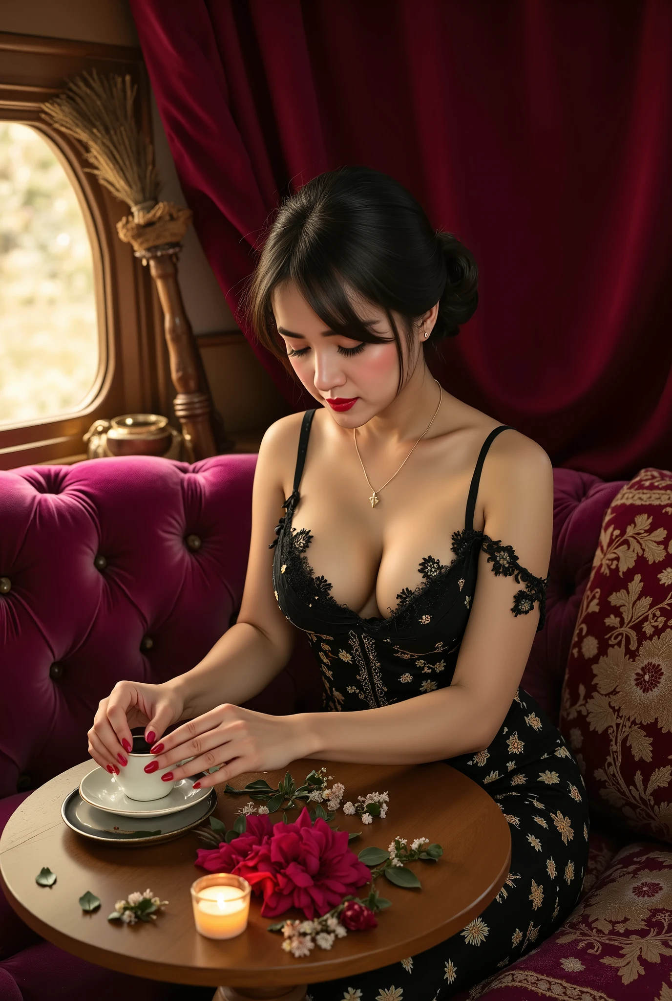   
💋 : Tasse Tee Hexe  

🌟 : geheimnisvolle, magical atmosphere, classic romantic witch representation, zartes Kerzenlicht

🌌 : a cozy gypsy wagon, carpets and cloths decorate the walls, a broom with brushwood bristles leaning in the background, soft shimmer of moonlight through a small window

😈 : a beautiful witch with a classic look Sits at a small table, in front of her a teapot and a cup, she slowly tips out the tea grounds, to read the future from it, concentrated and mystical expression

🔥 : warm color Play with shades of gold and brown, leicht neblige Aura, romantic and mysterious atmosphere, A moment between magic, visions and everyday magic
