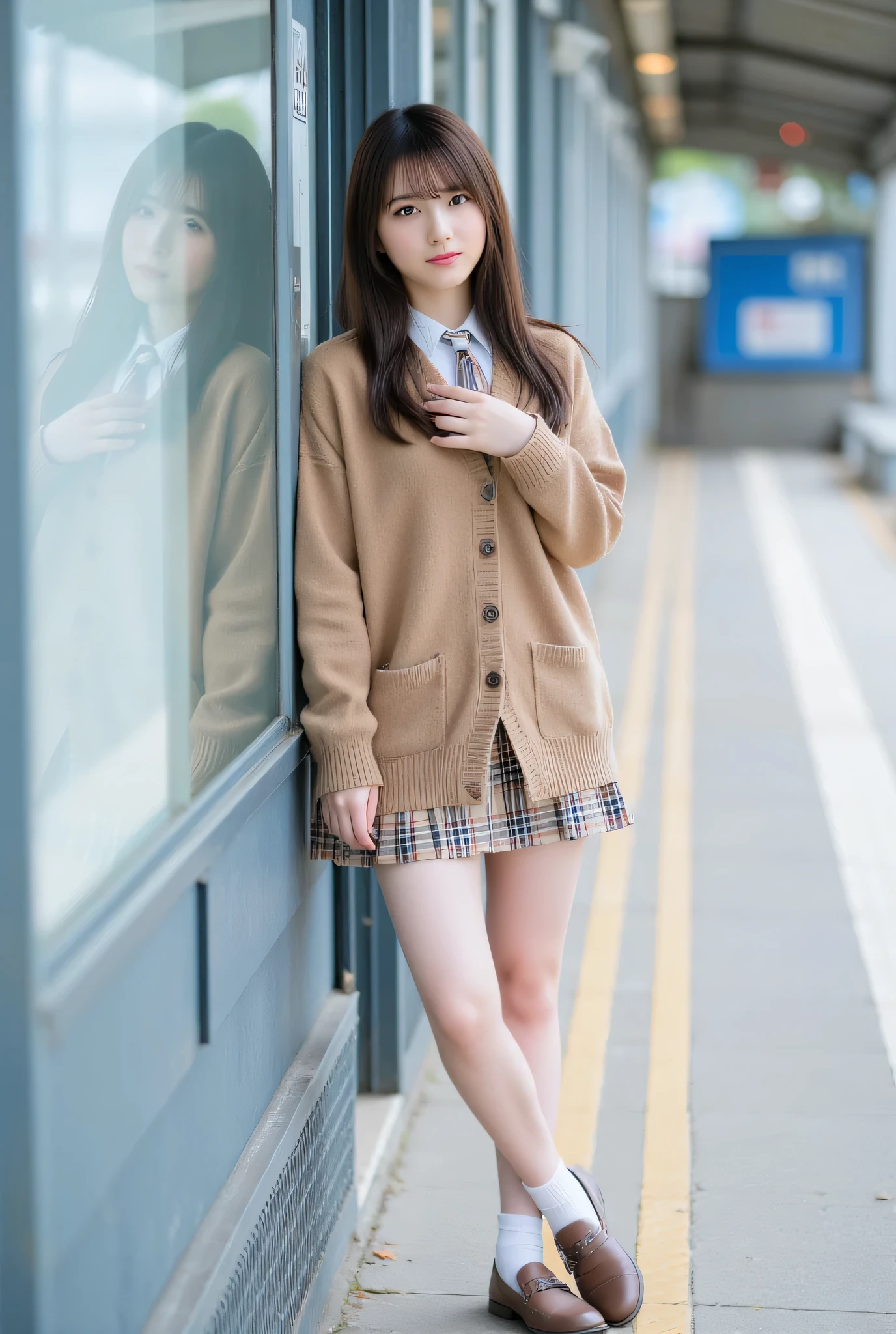 ultra detailed,8k,high resolution,beautiful detailed,high contrast,sharp focus,
best quality,super hyper realism,realistic,photorealism,(realistic skin:1.2),
japanese solo girl, no makeup, (from below:1,2), facing to the side, light smile,
school cardigan, (brown cardigan: 2), sleeves past wrists, overly long sleeves white shirts, collared shirt, layer of clothes necktie, short skirt, burberry check pattern skirt, short skirt, white socks, loafers,
station platform, wait for the train, leaning against a pillar, have a smartphone, touch my smartphone,
