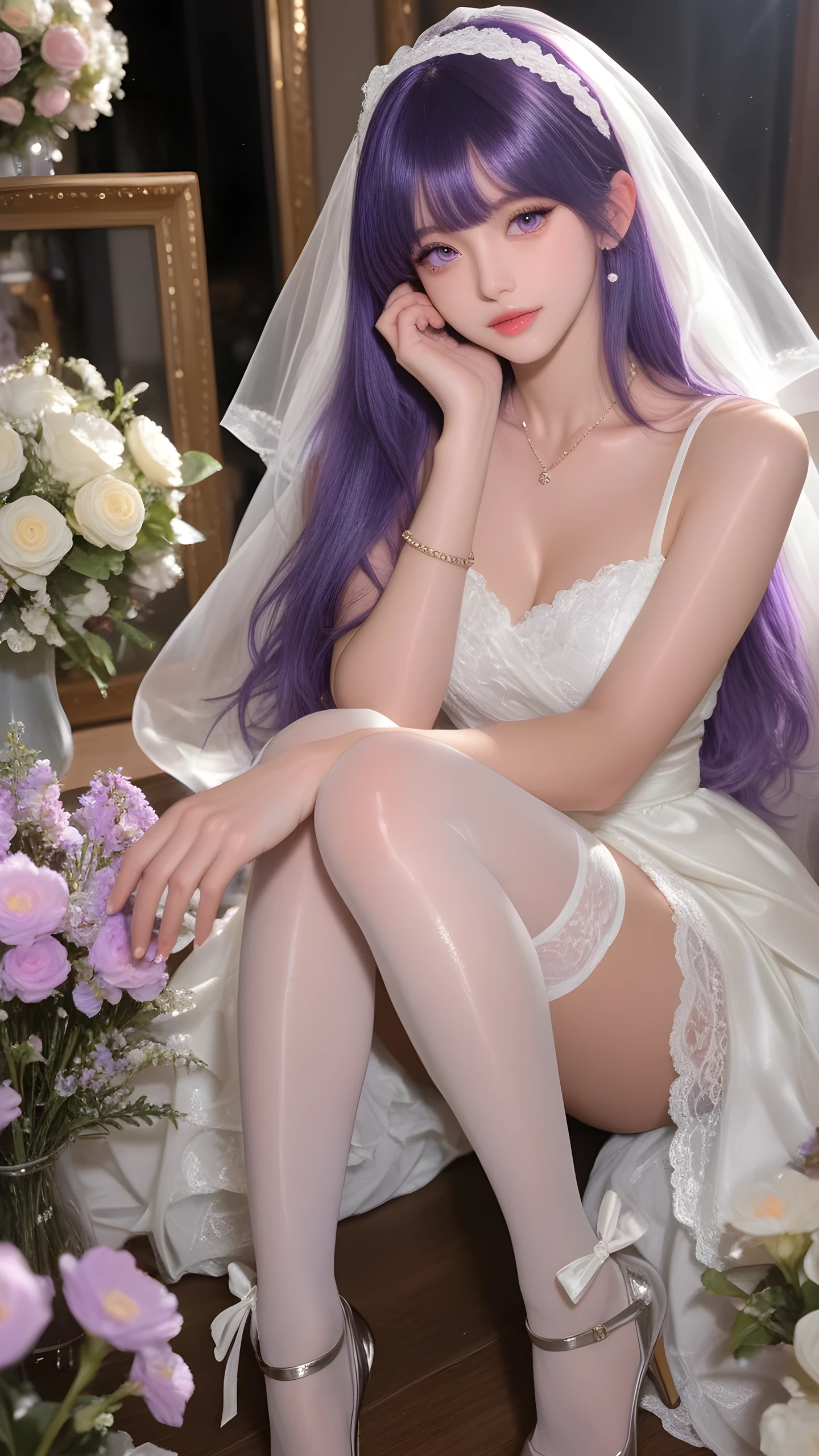 A beautifully detailed 、High quality、Very high resolution、 Clear subject 、Excellent depth of field、Dynamic light、Vivid masterpiece from a shooting angle。In the picture,A girl with purple hair stands,bouquet in hand,has fair skin,Wear white wedding dress,Wear knee-length stockings,shiny white lace stockings,with a bow on the head、White ribbon and headband,step on heels,Surrounded by flowers,She has purple eyes,necklaces and bracelets。