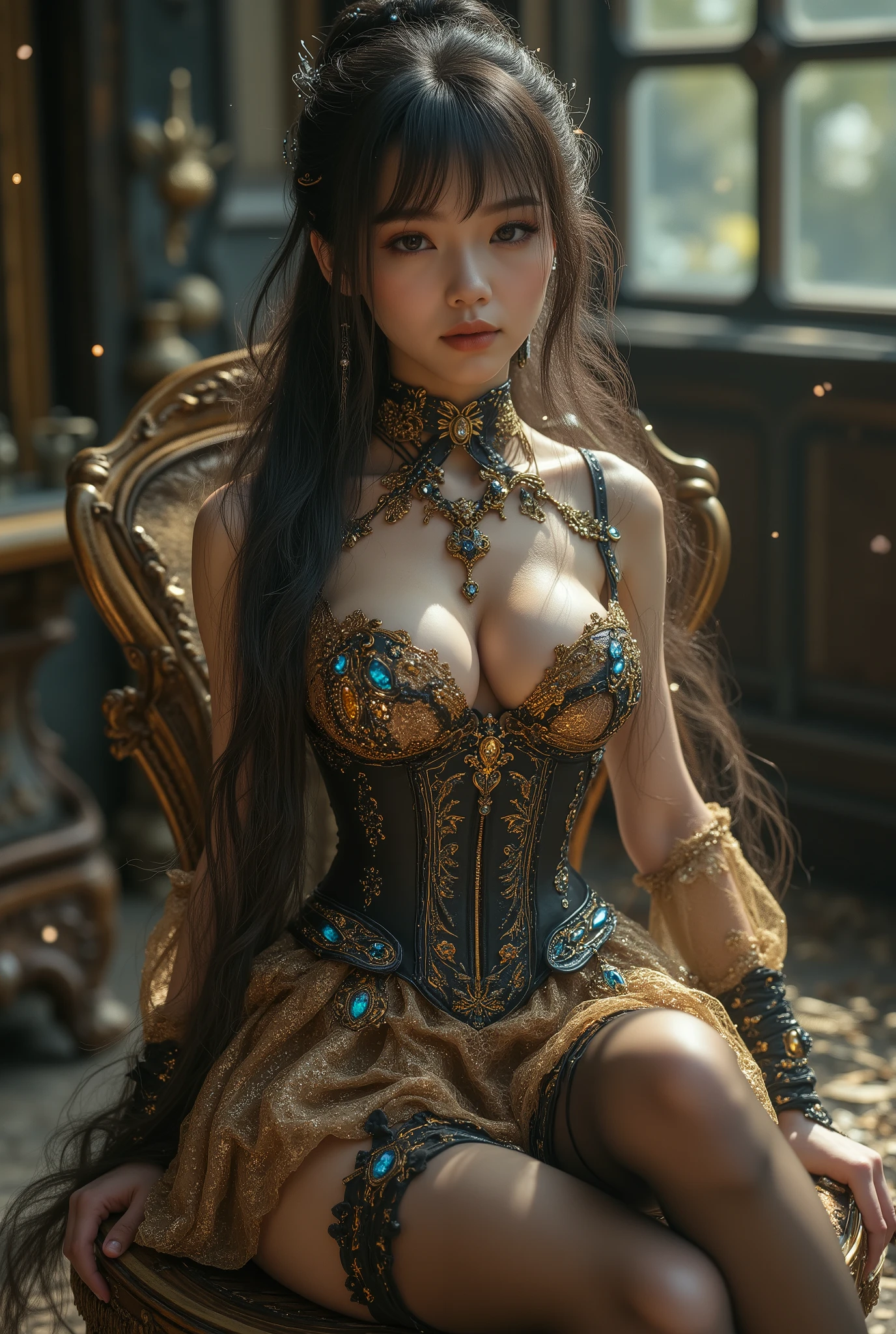 Long shot, full body shot, masterpiece, semi-realistic, A 17-year-old young Asian woman, cute-looking with douyin-style makeup with a tall, sweaty, thin body, small belly, wide waist and long, sexy muscular legs, and a gigantic breast. sitting on a round chair strapless corset with a deep cleavage to the navel formed by black diamonds that emphasizes her striking avant-garde body with intricate details, with a pleated miniskirt and nylon stockings with sexy layered high gold lace, she also wears high-heeled stilettos with straps, reminiscent of Gothic or fantasy style. The work features intricate details, including sparkling blue gemstones and feather-like textures that adorn the corset, the tight corset gives a graceful and elegant impression. the corset is painted shiny adding to the fantasy impression, Her long, dark hair flows over her shoulders in waves, completing the dramatic effect. sitting with one leg over the other on a round chair background a touch of classic sophistication. The architectural setting, likely a historic or Asian-style building with large windows and ornate details, conveys a sense of old-world grandeur and charm. The overall atmosphere is luxurious and mysterious, enhanced by the interplay of timeless textures and environmental qualities.