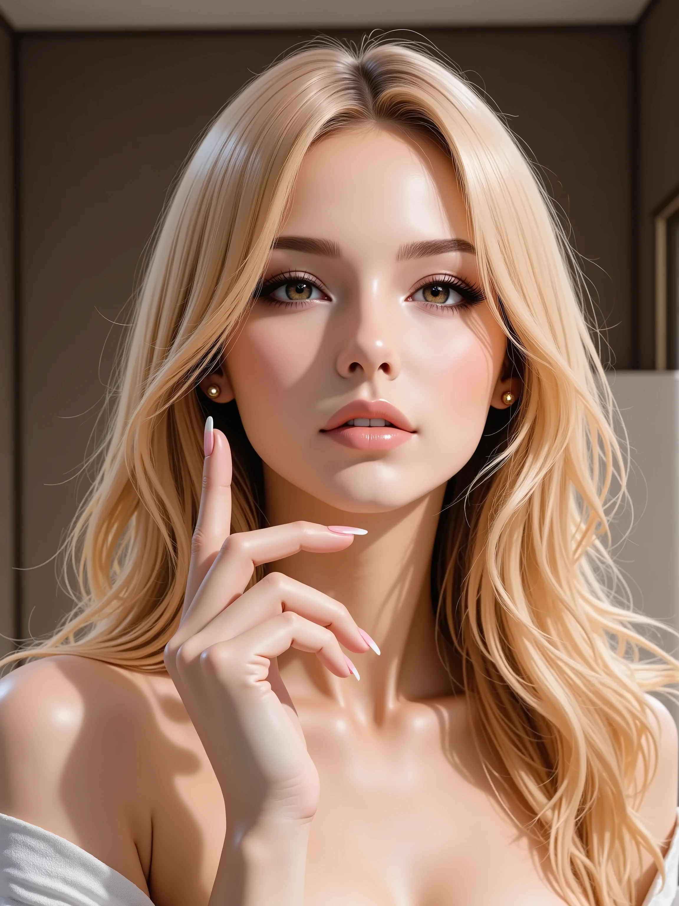 An enchanting solo woman in her 30s, depicted in a sophisticated realistic style. She has lustrous, long golden-blonde hair flowing elegantly. She wears alluring, refined makeup with defined eyes and glossy nude-pink lips. She has natural and correct , ensuring exactly five fingers on each perfectly rendered hand, all beautifully manicured. She is dressed in a luxurious, off-shoulder silk top that subtly reveals her collarbones. She makes an alluring hand gesture, her manicured fingers delicately tracing or running through a strand of her long blonde hair near her face. She looks directly at the viewer with a confident, mesmerizing gaze and profound mature charm. Shot at eye-level, chest-up portrait.