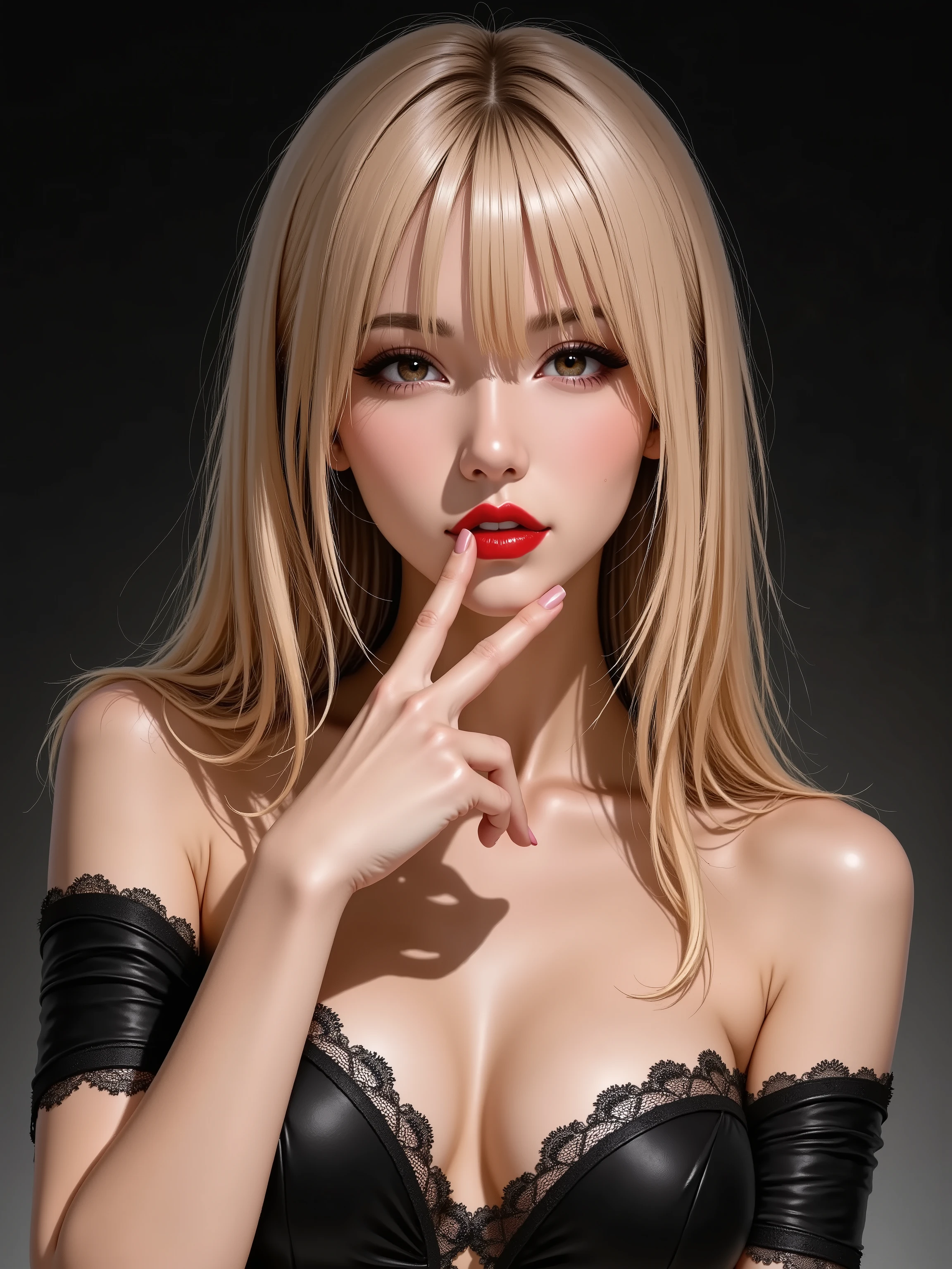 An enigmatic solo woman in her 30s, illustrated in a dramatic realistic style. She has sleek, long sandy-blonde hair falling over one shoulder with bangs. She has bold, seductive makeup with sharp eyeliner, prominent cheekbones, and a deep, luxurious red lipstick. She has natural and correct anatomy, ensuring exactly five fingers on each perfectly rendered hand, all beautifully manicured. She is dressed in a stylish, form-fitting black top with delicate lace accents. She makes an alluring hand gesture, her manicured fingers delicately touching her glossy red lips. She looks directly at the viewer with an intense, knowing gaze and profound, sensual mature charm. The background is a soft, dark, minimalist studio. Shot at eye-level, chest-up portrait.