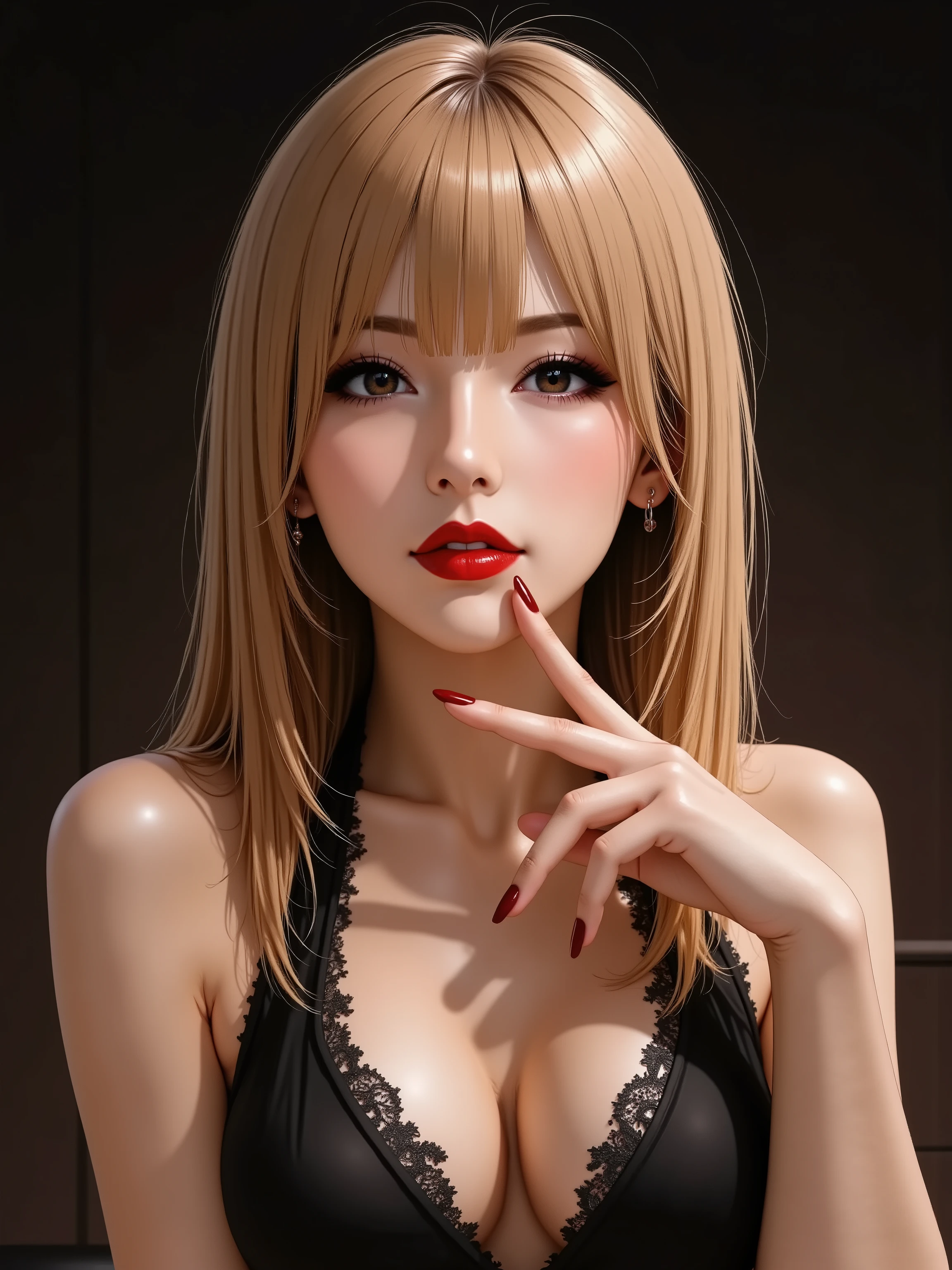 An enigmatic solo woman in her 30s, illustrated in a dramatic realistic style. She has sleek, long sandy-blonde hair falling over one shoulder with bangs. She has bold, seductive makeup with sharp eyeliner, prominent cheekbones, and a deep, luxurious red lipstick. She has natural and correct anatomy, ensuring exactly five fingers on each perfectly rendered hand, all beautifully manicured. She is dressed in a stylish, form-fitting black top with delicate lace accents. She makes an alluring hand gesture, her manicured fingers delicately touching her glossy red lips. She looks directly at the viewer with an intense, knowing gaze and profound, sensual mature charm. The background is a soft, dark, minimalist studio. Shot at eye-level, chest-up portrait.