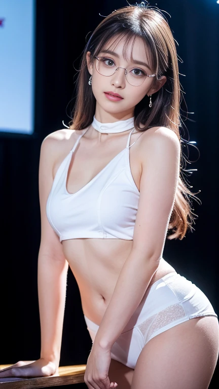 (Finest quality)),(A high resolution),(ultra-detailed art),(Meticulous portrayal),((Best Anime)),(Finest works of art),sharpness,Clear,Ultra-Precision Art,The art of astounding depiction,(masterpiece), high quality, stable diffusion, 

short Hair, short ponytail, purple hair, vibrant purple hair, extremely detailed hair, detailed bangs, with bangs, 
wearing expensive earings and ring,
pretty face, 

beautiful lips, soft lips,pretty face, close up face, gorgeous beauty, 
green eyes, serious face, pretty nose, beautiful nose, perfect nose, pretty eyes, beautiful eyes, sparkling eyes, detailed eyes, perfect eyes, wearing black sunglasses,

looking at the camera, happy, jolly, smiling, seductive, blushing, bukake, happy face, jolly face, excited face, 

clear skin,white skin, soft skin, 

small bust, small breasts, smooth skin, 
beautiful girl irene, red velvet irene, 

expose shoulders, perfect body, detailed thighs, detailed legs, perfect hands, perfect arms, detailed hands, detailed breasts, detailed nose, detailed lips, detailed arms, sexy body, show tongue, sexy legs, sexy tongue, drooling, show whole body, pretty woman,sweaty face, sexy, seductive, horny, pointy nipples, 

cute female wearing white crop top and white leather jacket on top, wearing white cargo pants with many pockets ang loose strings, wearing white knee-high boots, wearing white rider gloves,

body details, standing full body, full body image from head to toe, sexy model pose, raised arms, hands up, show legs, cute standing female, 

horny female dancer idol, group of sexy female models, wet body, show feet, cute standing pose, thighs apart, legs apart, feet apart, spread legs,