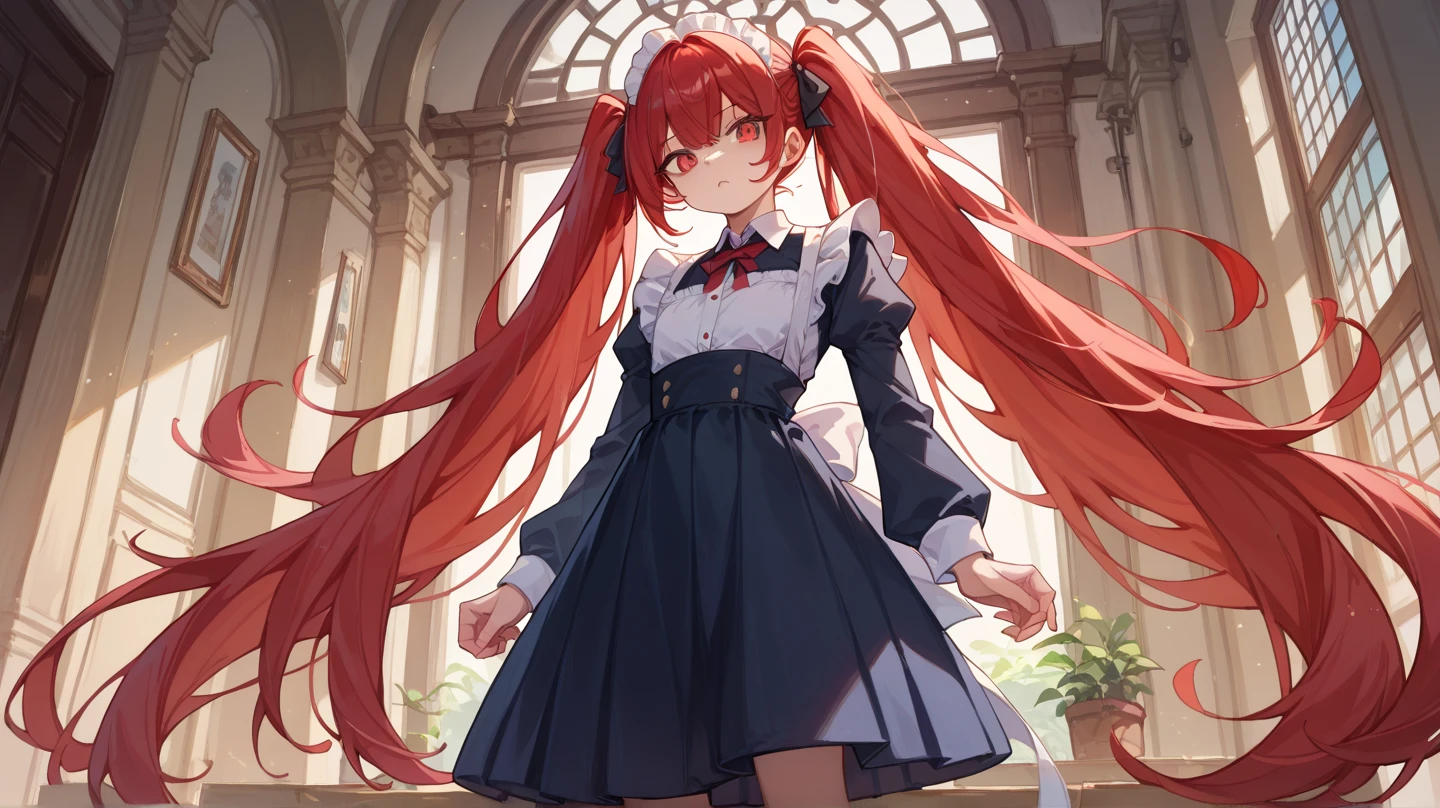 A woman with long red hair and horns in a red dress - SeaArt AI