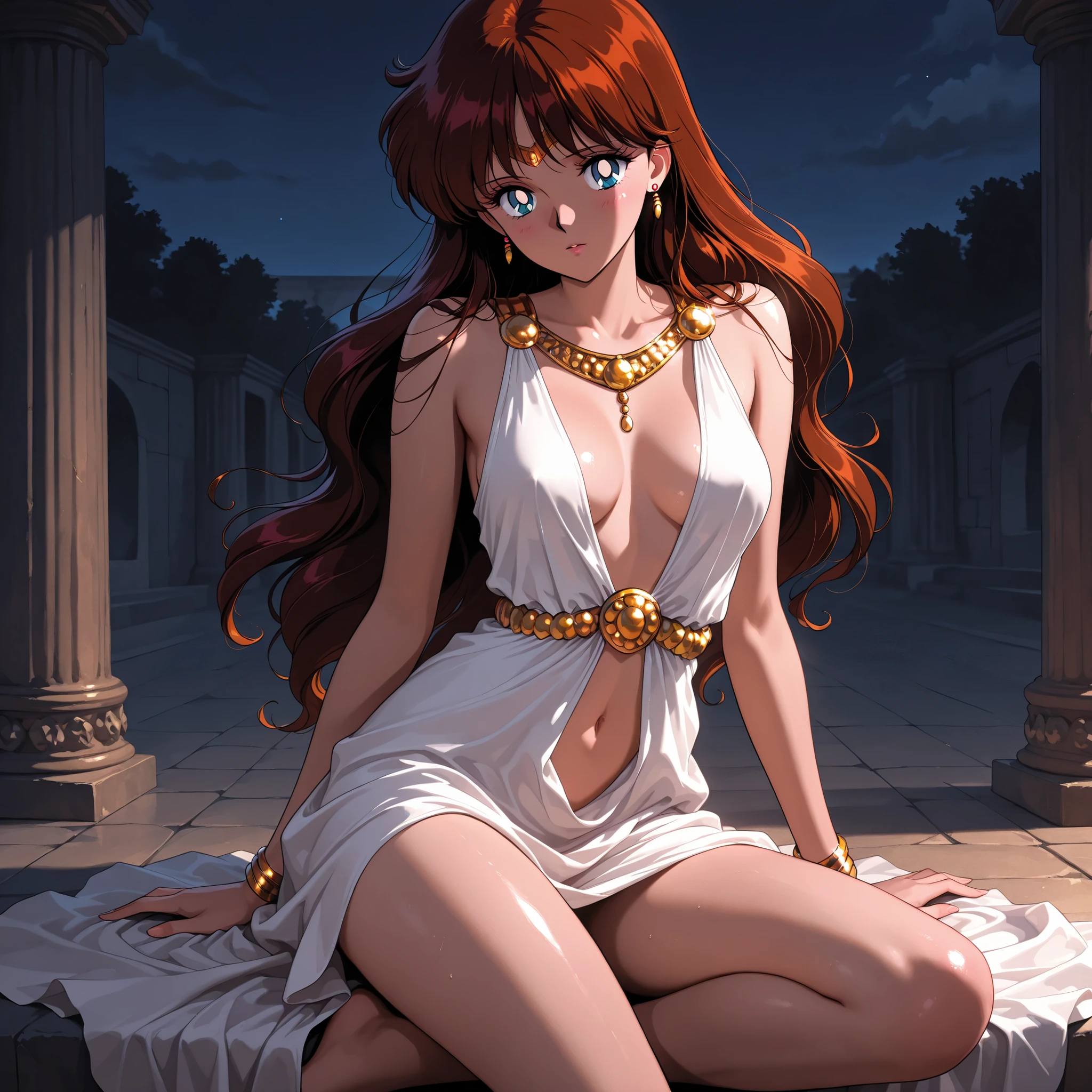 masterpiece, amazing quality, best quality, ultra-detailed, 8K, illustration, ultra-detailed-eyes, soft skin, very awa, very as2, soft body, 1990s \(style\), official art, haruna sakurada, bishoujo senshi sailor moon, long hair, reddish brown hair, blue eyes, night, solo, looking at viewer, navel, jewelry, sitting, white casual dress, bracelet, ancient rome, bare legs