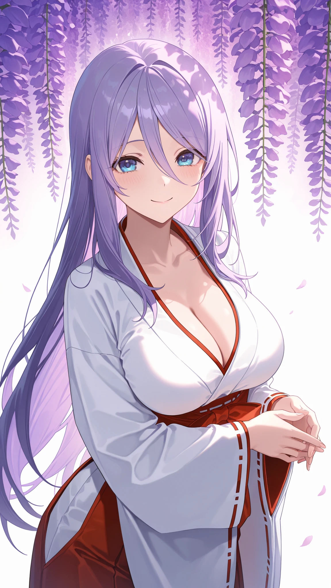 masterpiece,best quality,highre,ultra-detailed,detailed illustration,source_anime,1girl,solo,slender,Shizuru,purple hair, long hair,blue eyes,highly detailed eyes,hair between eyes,miko,smile,looking at viewer,day,wisteria,cowboy shot,cleavage,happy,