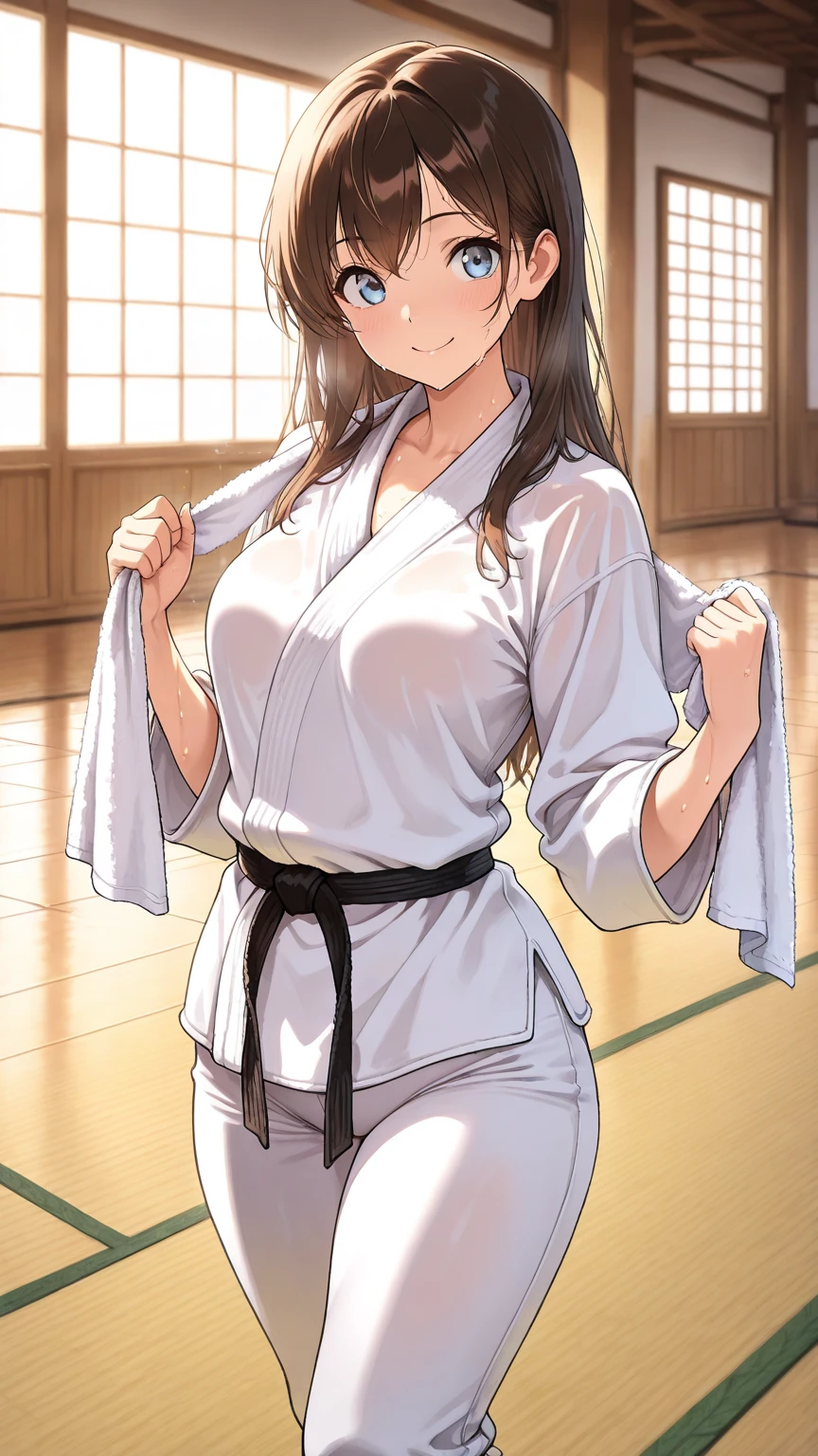 score_9,score_8_up,score_7_up,detailed background,school gym,
female focus,1girl,<lora:Shikki:0.8>,shikki,brown hair,brown eyes,large breasts,big butt,(twintails:0.8),medium hair,bangs,(thick eyebrows:0.5),serious,looking at viewer,white gi,karate gi,white belt,white pants,<lora:Jcm2_Style:0.7>,