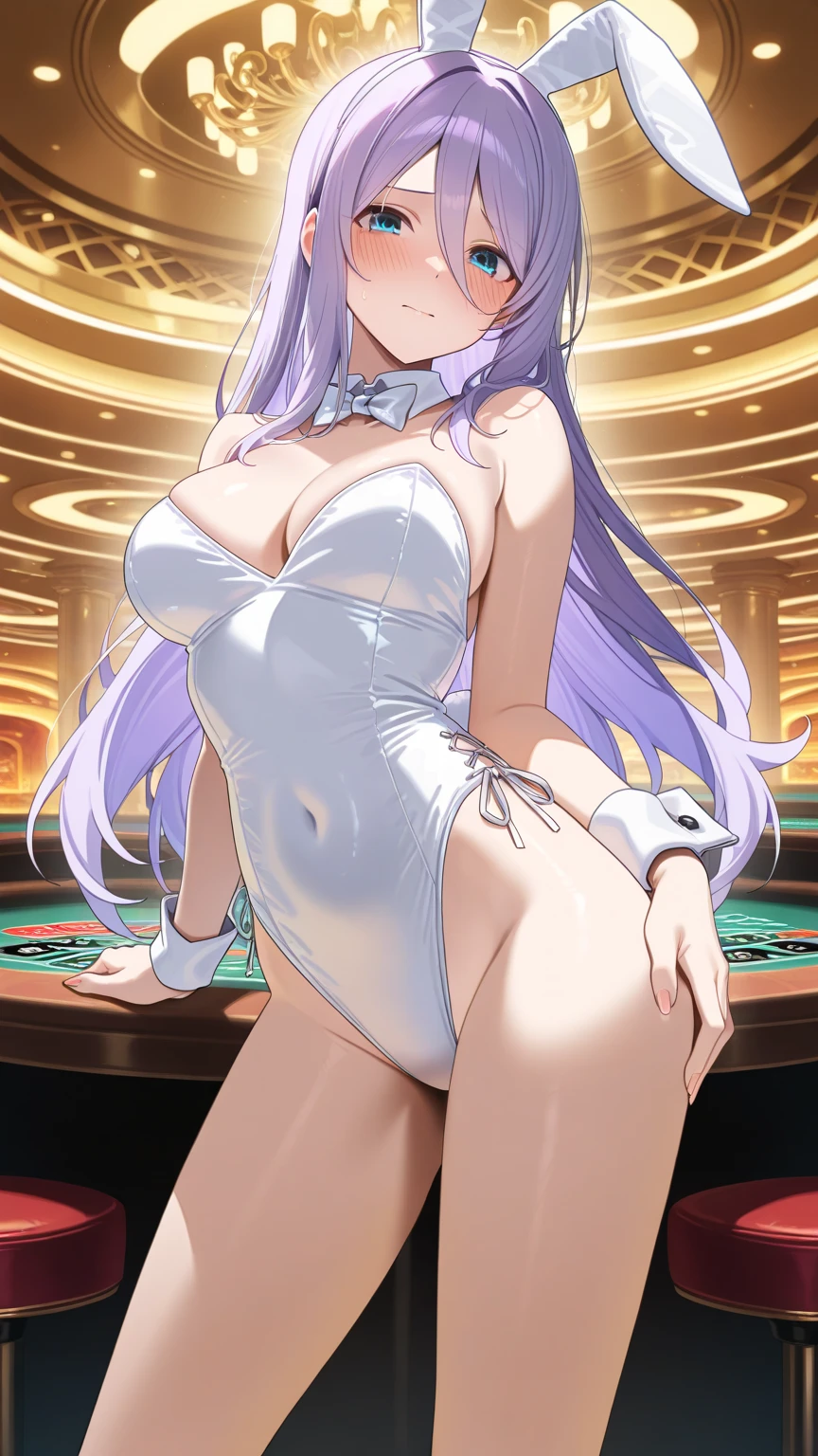 17yo girl, dark elf, silver hair, long hair, hime cut, J cup , thicc thigh, tan, golden pasties on  and , wear various gold accessories, charming smile, fishnet on legs, golden heels, casino scene, clear view.