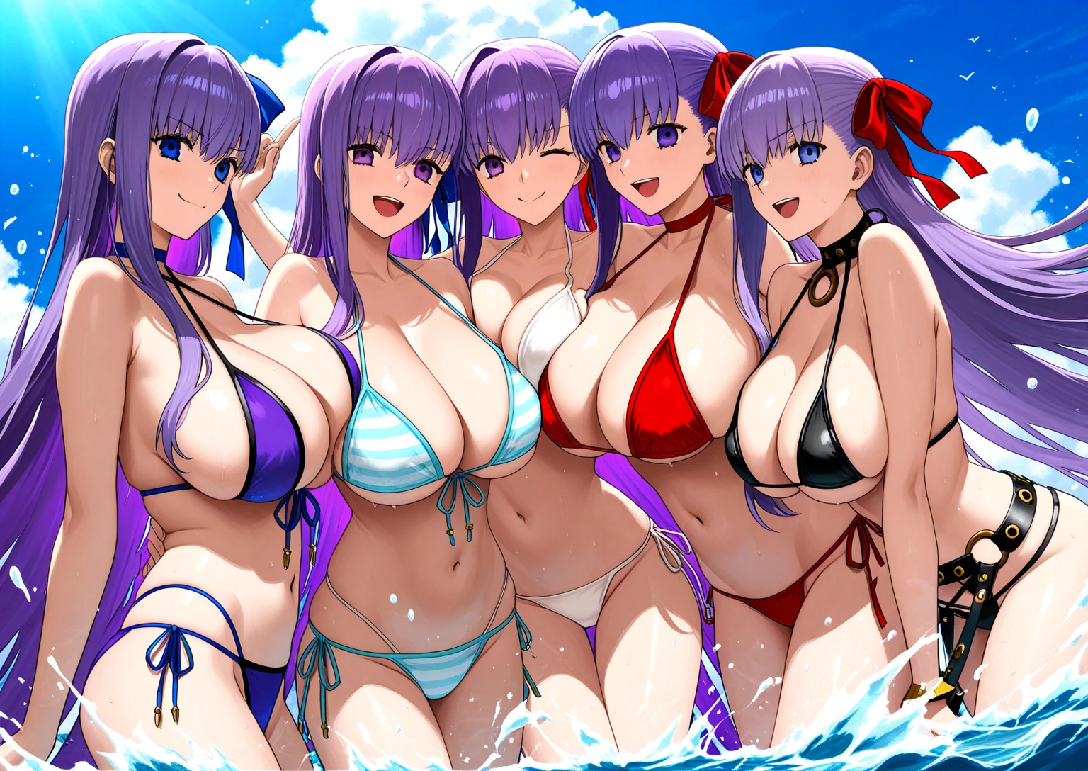 (女の子1人: 1.3),(((One Woman))),pink hair,(Highest quality,4K,8k,High resolution,masterpiece:1.2),Very detailed,(current,Realistically,Realistically:1.37),Ultra HD face,, High heel boots,bikini,beach, Shiny clothes, fishing net, , Overwritten, , incision, Covering the belly button,Long white hair, Through the bangs, ponytail, Blue Hair, 1 sister, Lesbians all over the world, masterpiece, Highest quality, Great cleavage, Beautiful Scrupulous Eyes, Scrupulous,Blushed, Lop, , Plum, Crispy, , White skin, Huge , Swelling like crazy, Large shoulder blades, large  and thin waist,,,, The pelvis is larger than the shoulder blades, Fitness Model, Red cheeks, breathe, Sweaty, Soaking wet, Wheezing, Shy and nervous expression