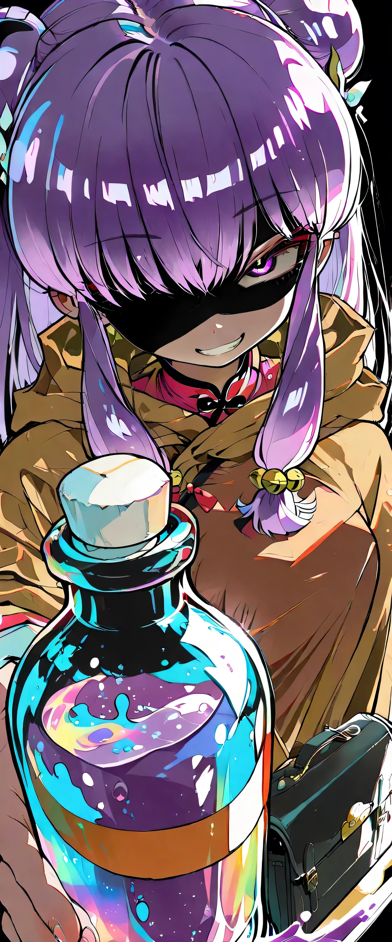 1girl,shampoo \(Ranma 1/2\),(beautiful girl:1.3),masterpiece,1girl,Ultra-high resolution,rich contrast,Very high quality,8k,Highly detailed CG unit wallpaper,Texture,RAW Photos,professional photograph,an extremely delicate and beautiful,Incredibly absurd,Depth of written boundary 1.2,Edinburgh's distinctive streets,((A large oval bottle filled with iridescent liquid)),(upper body:1.5),(grin),(hair color is light Purple:1.5),Brown cloak,briefcase,pitch black night,(dark:2.0)),Set-Flat-Style,flat color,vector style,clean lines,A medicine bottle filled with rainbow-colored liquid,0__11Xx_illu,((The liquid in the medicine bottle is shiny)),Eyeless,chinese dress,shaded face,eheheheh_illu